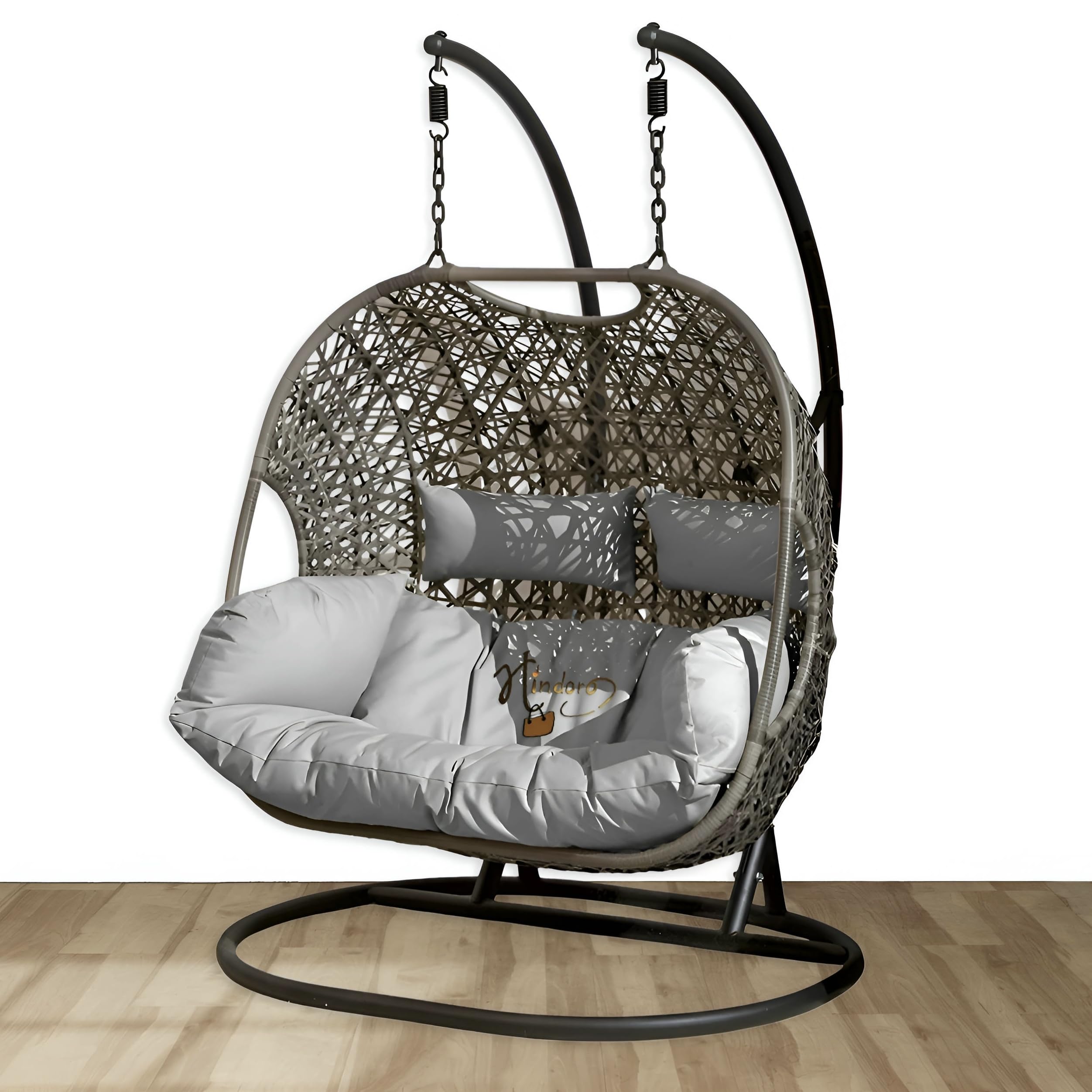 Hindoro Rattan Wicker Wrought and Cast Iron Outdoor Patio Furniture Double Seater Swing for Adults & Kids with Stand and Cushion, 2 Person, Dark Brown Swing with Grey Cushion-image-0