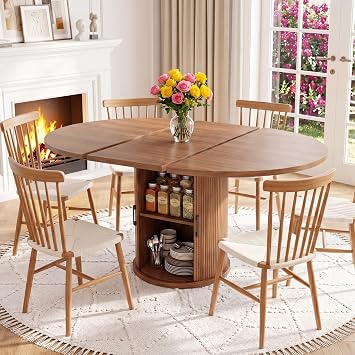 Round Extendable Wood Dining Table for 4-6 People with Storage Cabinet