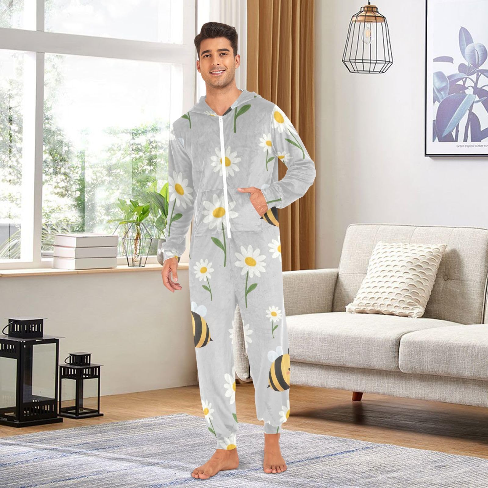 Carino Cartoon Bee Daisy Grigio Tutina Pjs Uomo Donna, Peluche Pigiama Tuta Intero