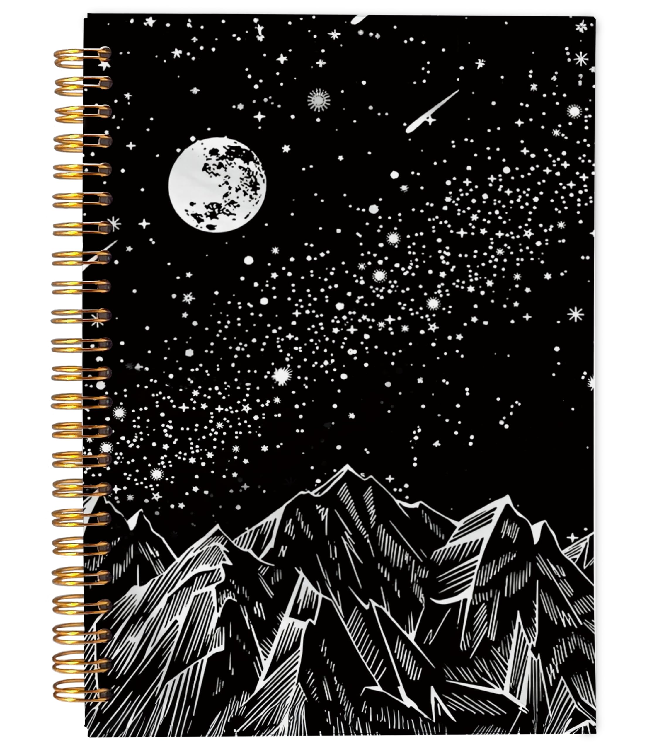 Ecezatik Mountains Moon Celestial Starry Night Notebook, Boho Notebook, Dark Aesthetic Journal, Aesthetic Notebooks for School, Black and White Spiral Notebook 5.5x8.3