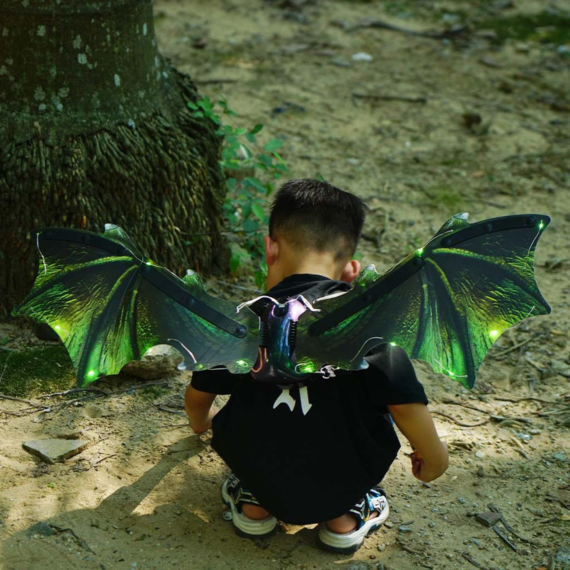 Decorazioni di Halloween, Ala di Drago per Bambini Costume Realistico da Drago Verde con Ala Luce e Movimento Alimentato a Batteria Costumi da Vestire per Halloween, Palcoscenico, Feste