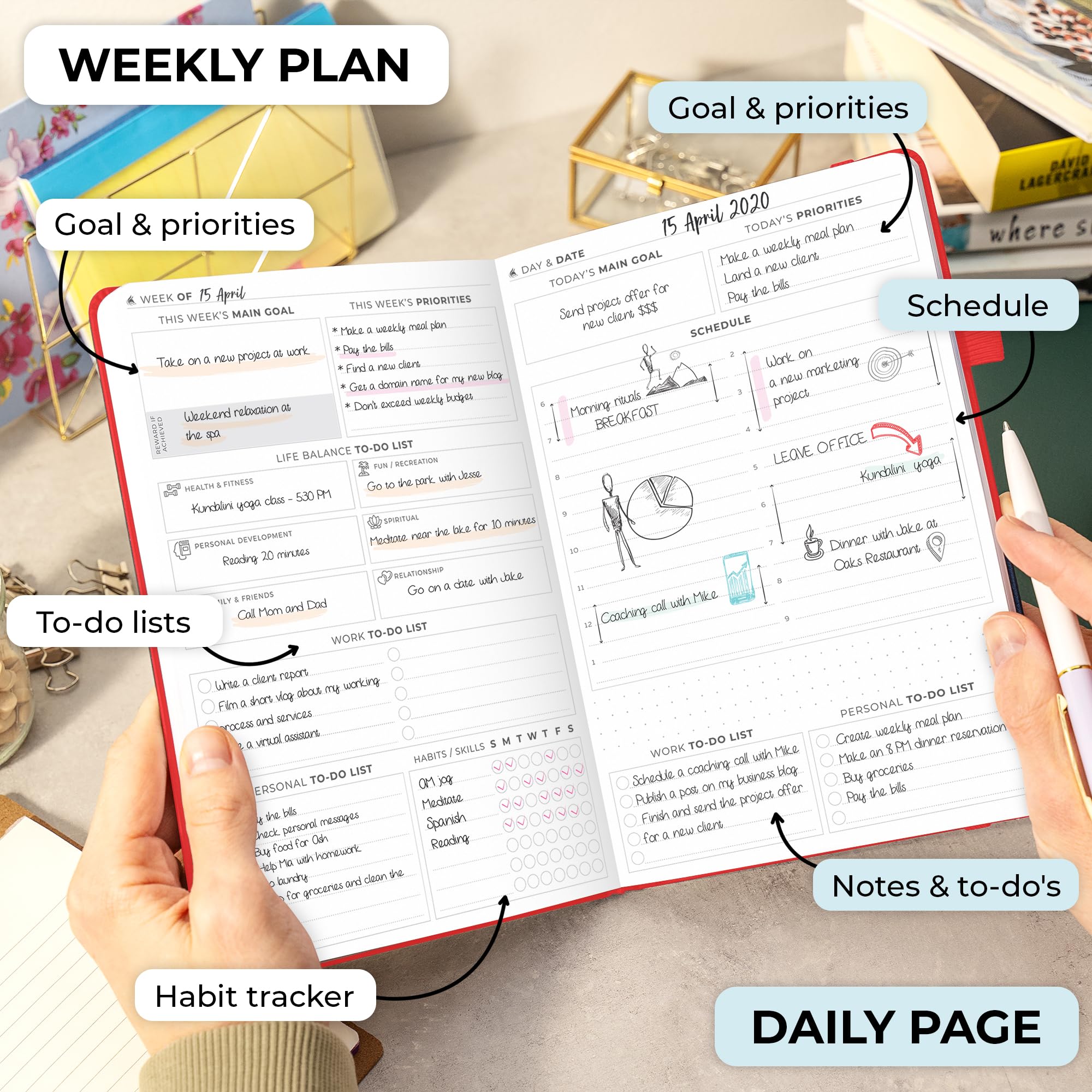 Clever Fox Planner Daily Premium – Agenda giornaliera non datata con orario, organizzatore personale, diario della produttività, 6 mesi (rosso)