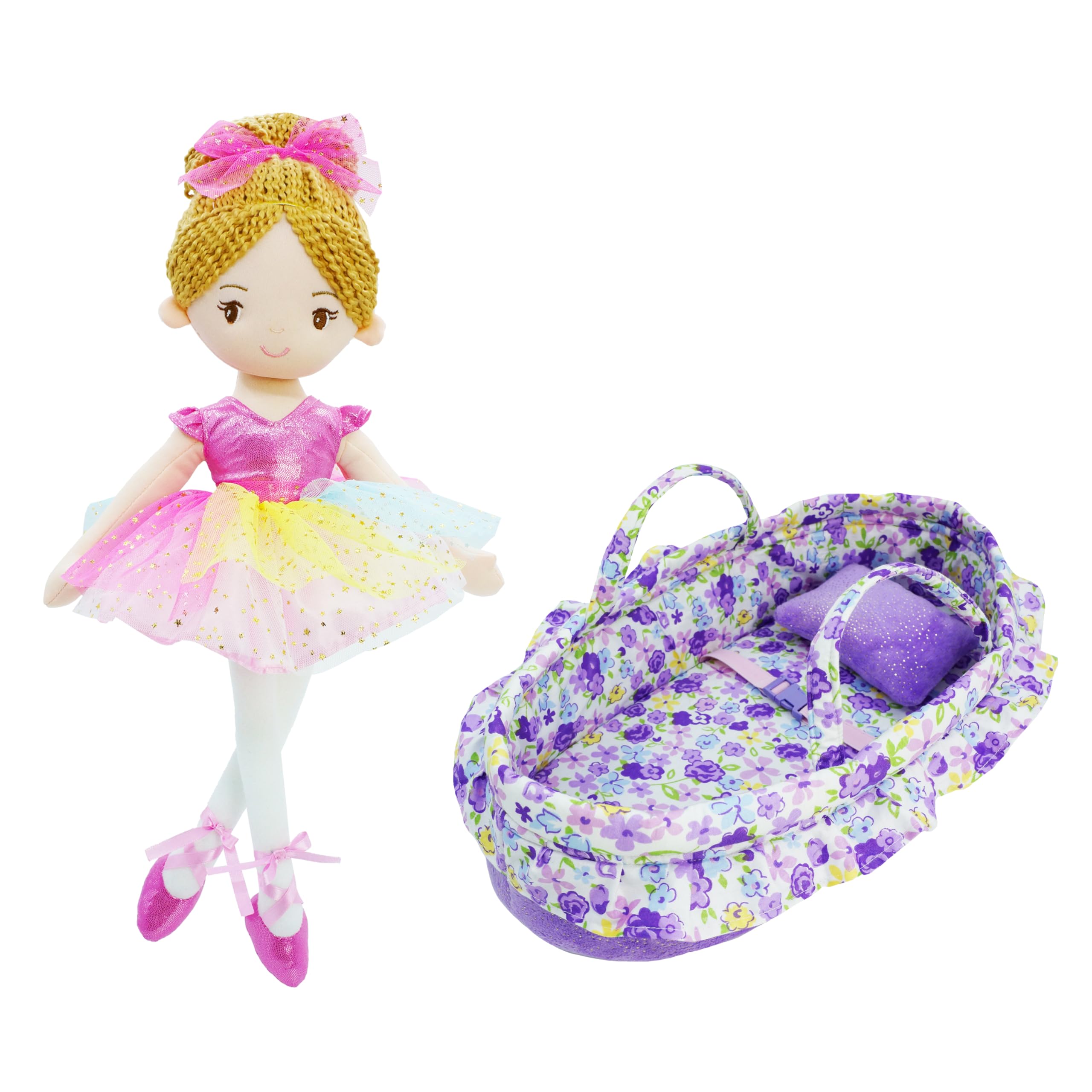 June Garden 2 Pcs Ballerina Doll Playset Bundle - Includes 16" Ballerina Princess Polina and Purple Cozy Dream Doll Bassinet