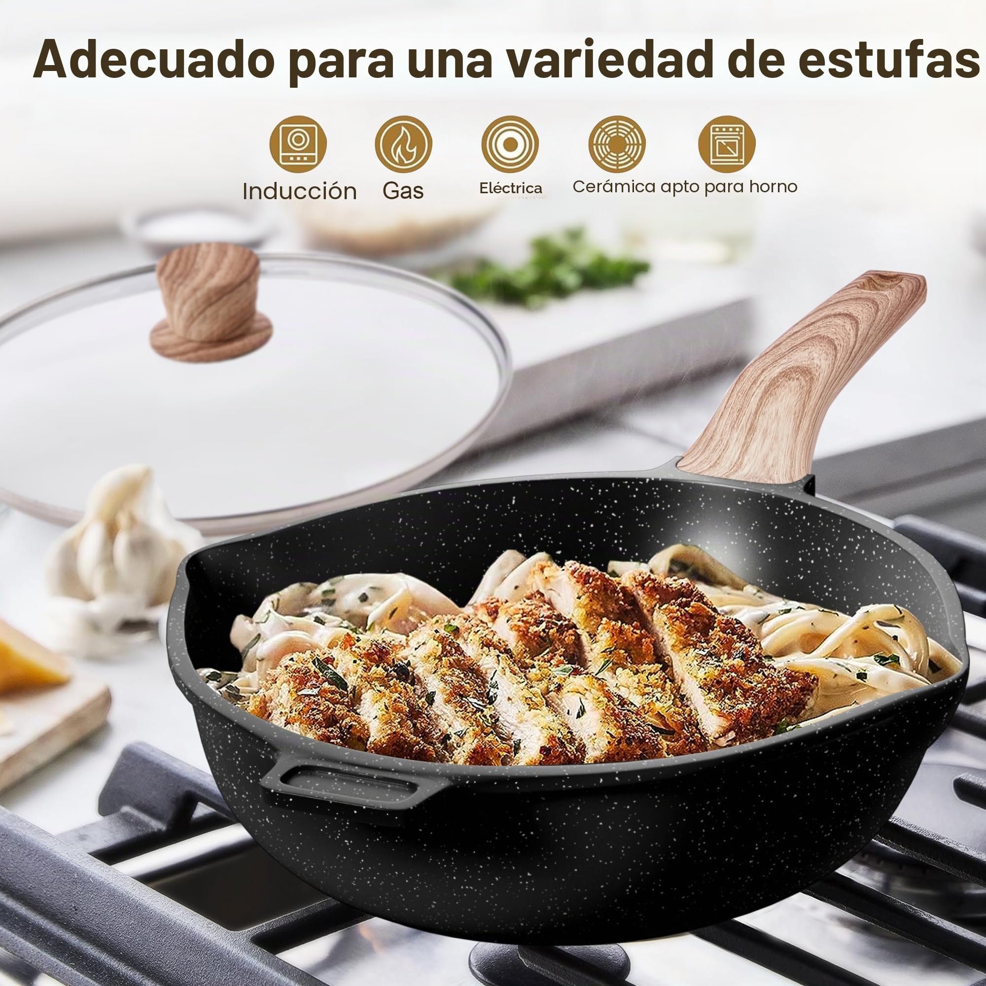 RIOVARM Inducción Juego de ollas y sartenes con Tapas Antiadherente Sartenes y ollas Granito Juegos de sartenes Sin PFOA Sartén Cazuela Sartén para asar Plato para tartas