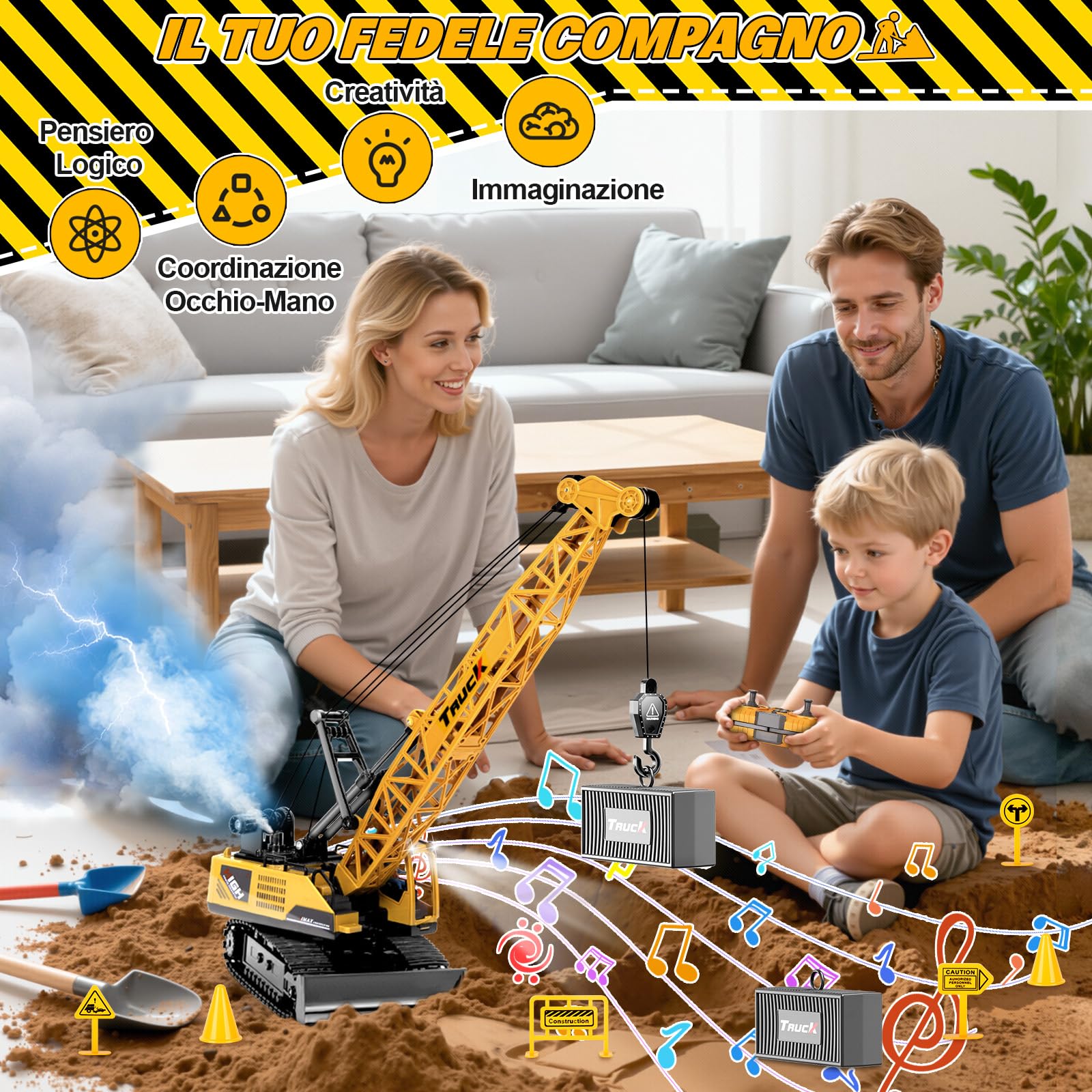 1:16 Gru Giocattolo per Bambini, 12 Canali Gru Telecomandata con Luci Effetti Sonori Spray, Grande Veicoli da Cantiere Grus RC Modello Regali per Bambini 6+ anni (Giallo)