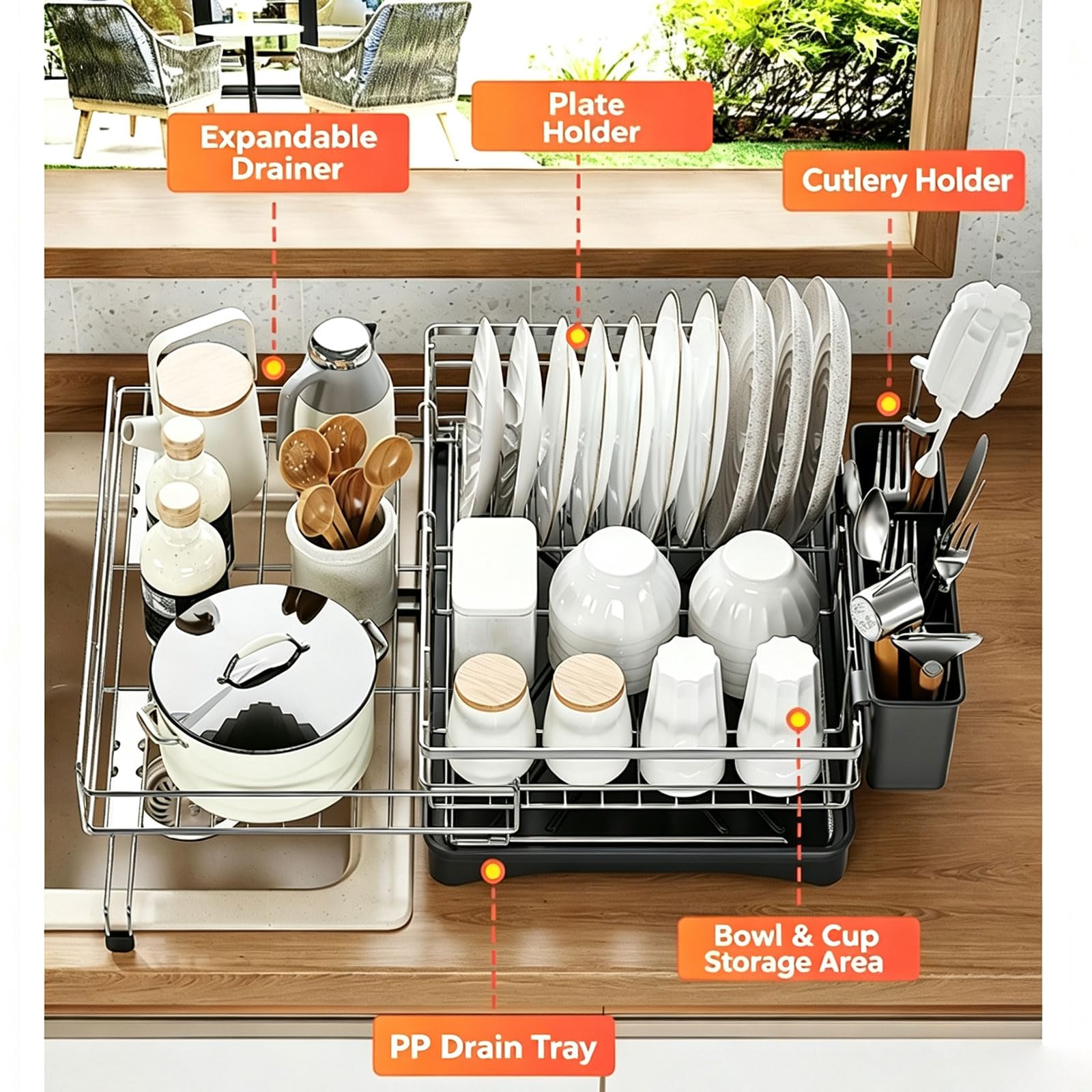 Escurridor de Platos para Encimera de Cocina Escurridor de Platos Extensible de Acero Inoxidable con Bandeja Recogegotas y Portacubiertos Secador Boquilla Giratoria 360°Ahorra Espacio