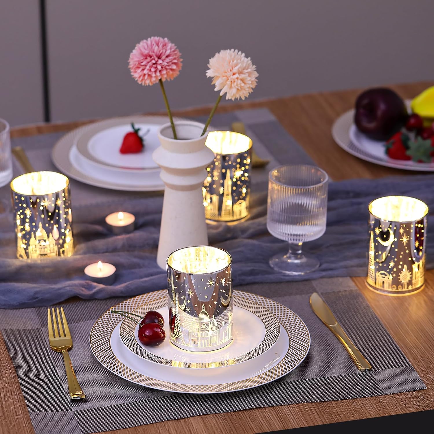 Votive Candle Holders, SunGlee Tealight Candle Holder with Gift Box, Glass Candle Holder with LED Light for Table Centerpieces, Tea Party, Wedding, Birthday, Various Themed Parties Table Decor 2Pack
