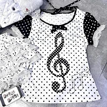 Y2K Polka Dot Tee Music Note Baby Tee Emo Clothes Graphic Top Goth