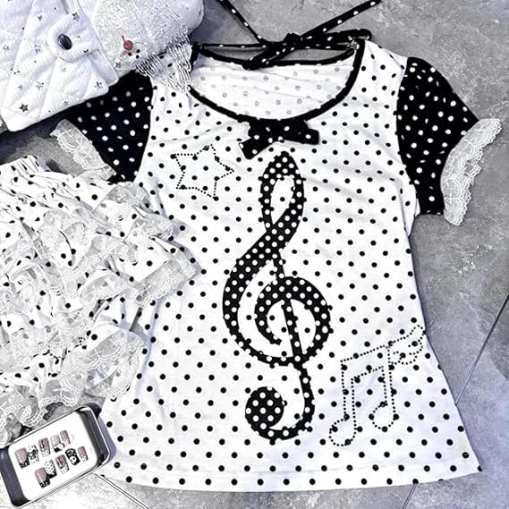 Y2K Polka Dot Tee Music Note Baby Tee Emo Clothes Graphic Top Goth