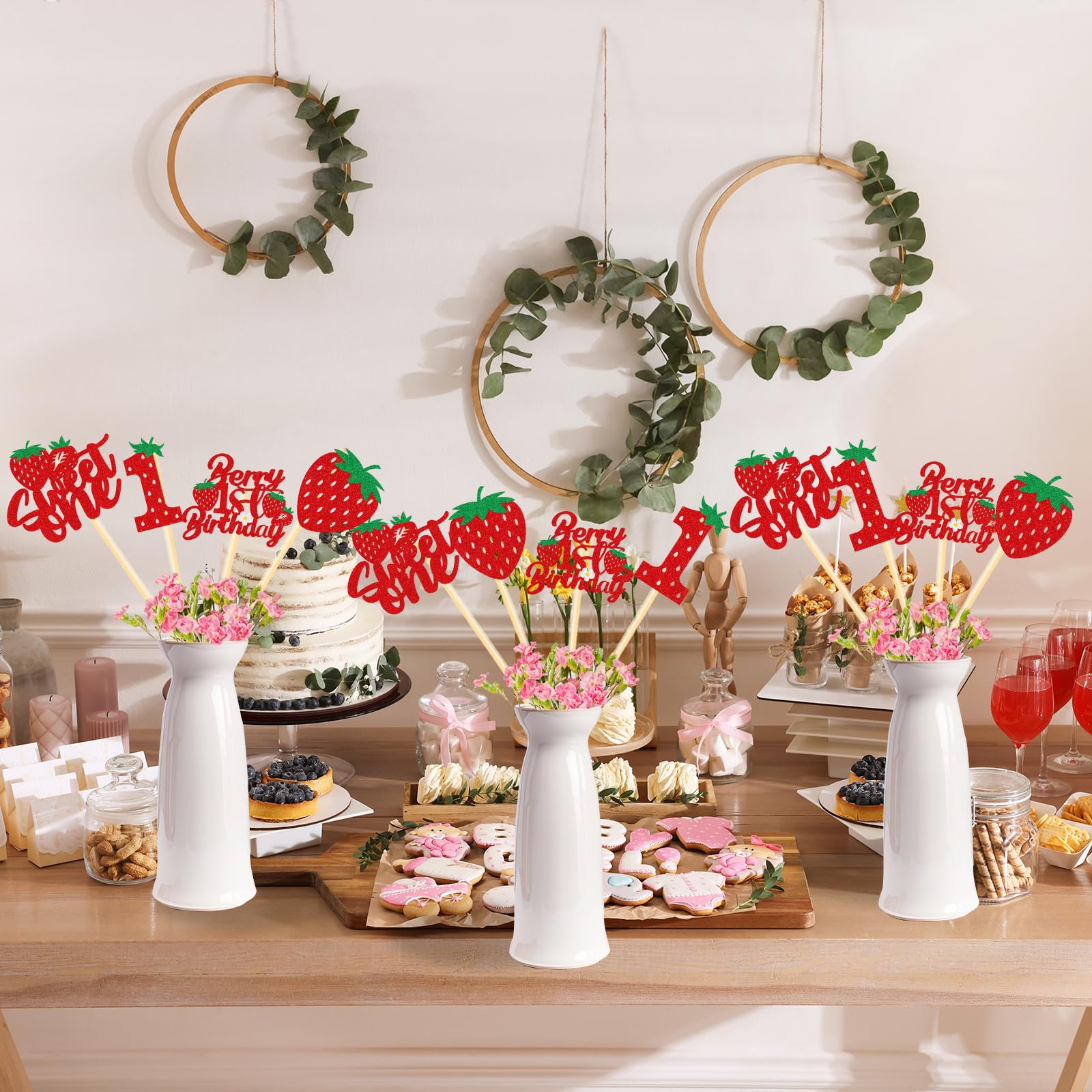 Berry First Birthday Centerpiece Sticks | 16PC Strawberry Theme Decor | 1st Birthday Party Supplies