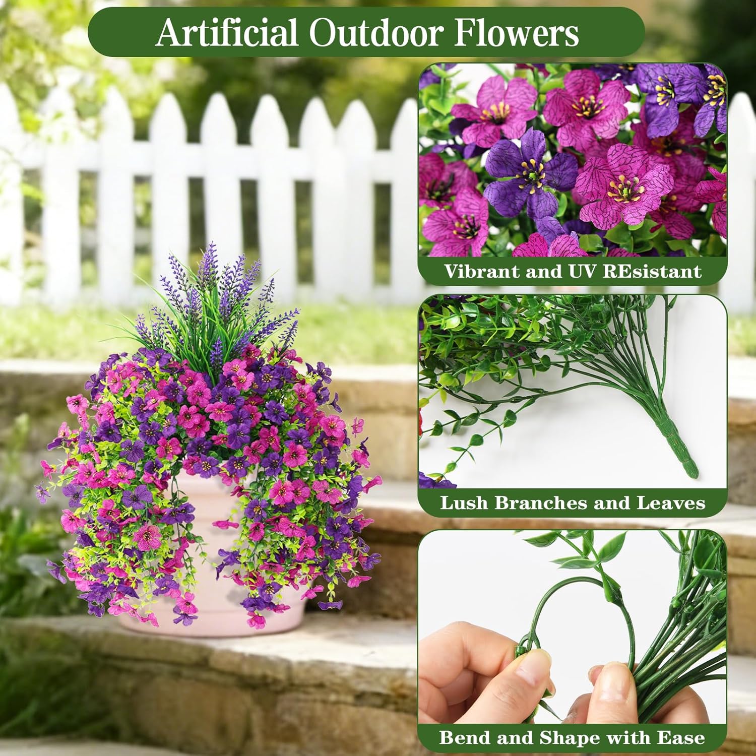Artificial Fake Hanging Flowers Plants for Outdoor Outside Decoration, Faux Silk Daisy Flower Realistic UV Resistant for Front Porch Patio Balcony Garden Yard Indoor Planter Home Decor(Purple)