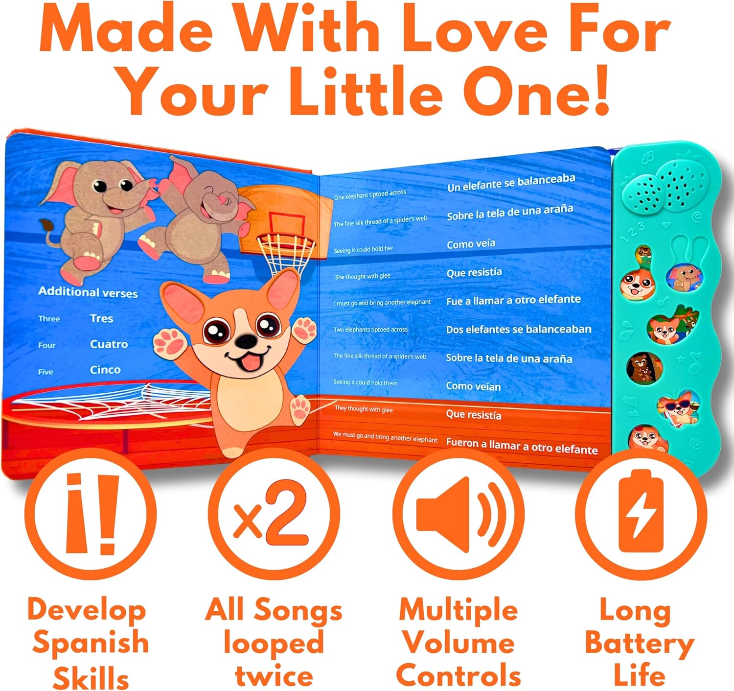 Musical Spanish Books for Kids 1-3, Spanish English Toys for Babies & Toddlers 1-3, Baby & Toddler Spanish Books, Bilingual Learning Toys 1 Year Old, Libros Infantiles en Español