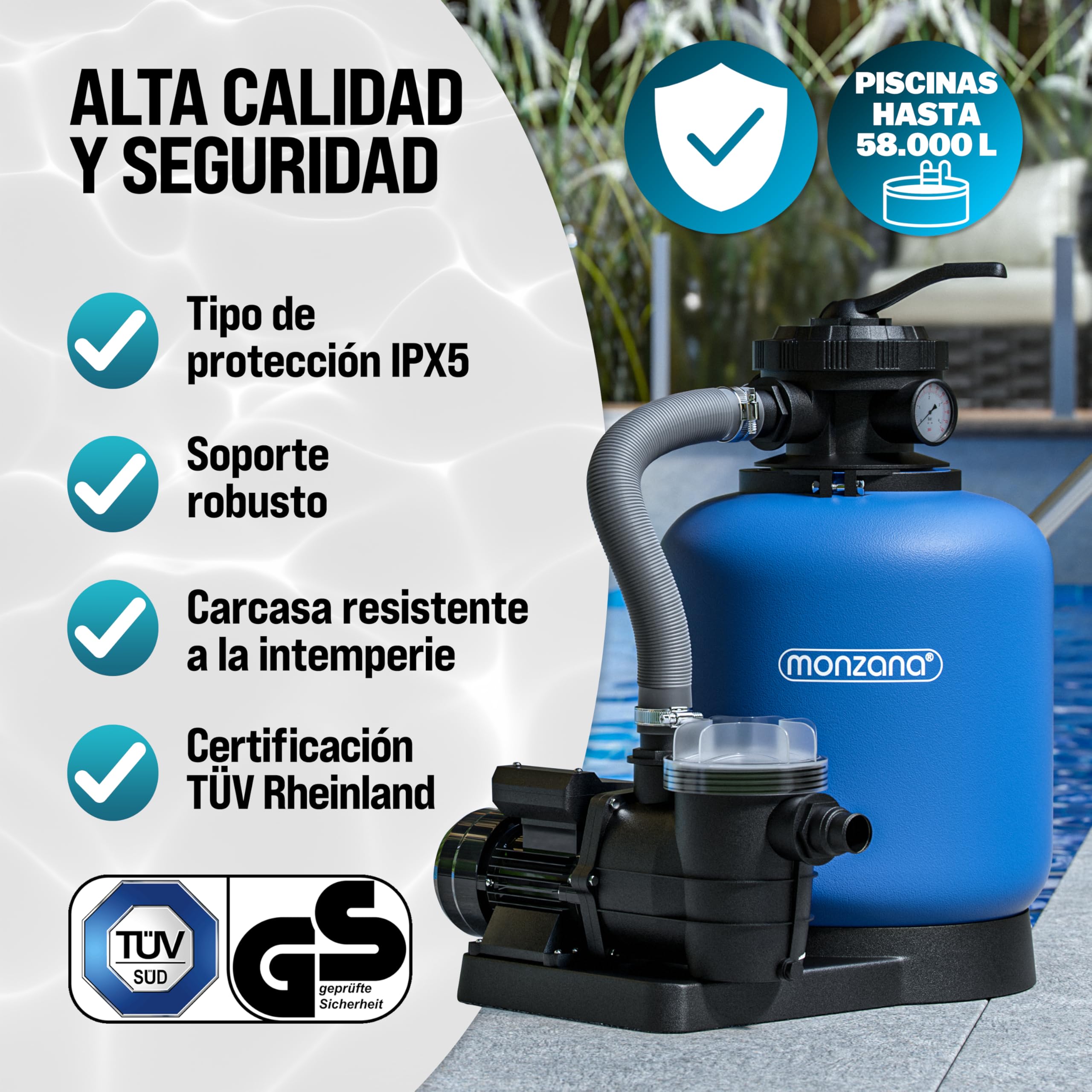 Monzana® Depuradora Piscina 13.200L/h Filtro de Arena hasta 58.000L Incl. Bolas Filtrantes Válvula 7 Funciones Filtrado 600W Adaptador Ø32-38mm Bomba Indicador de Presión