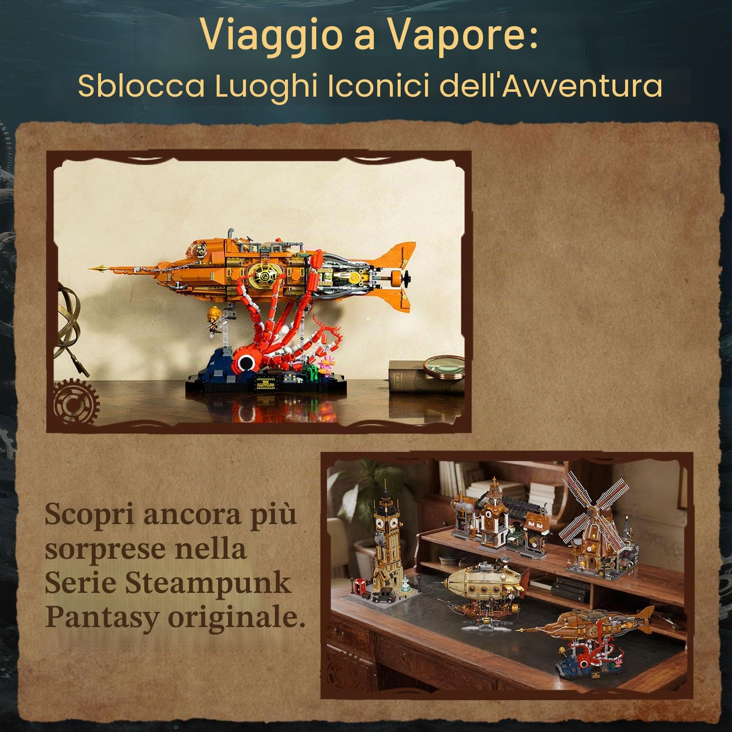 PANTASY Nautilus Steampunk, modellino modulabile in 3 sezioni con elica a ingranaggi, mini barca e scena d'avventura sottomarina, kit modello meccanico retrò da costruire per adulti
