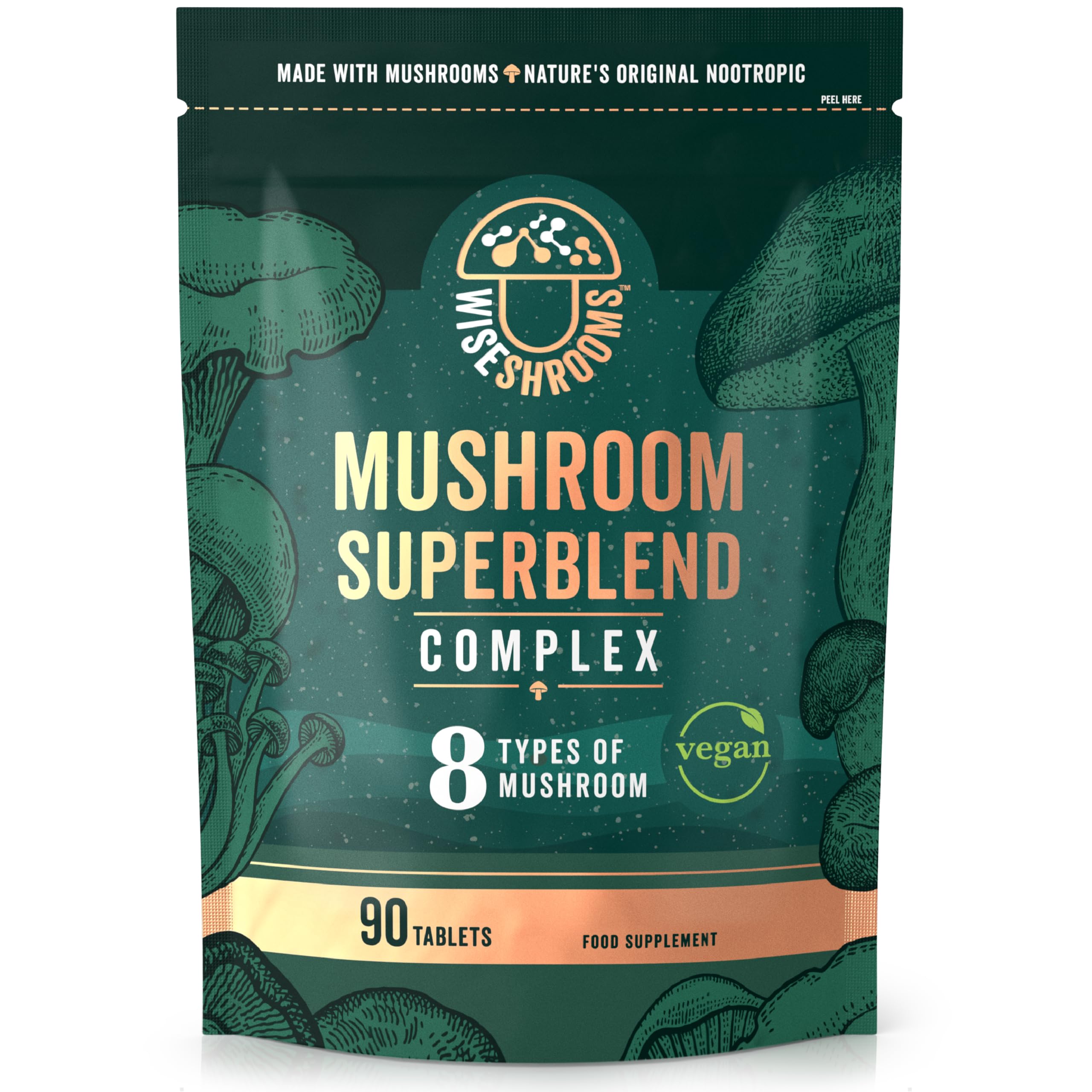 Mushroom Complex 1200mg | 8 Mushroom Blend with Lions Mane, Reishi, Chaga, Cordyceps, and More | High Strength Nootropic Brain Supplement | from Fruit Bodies | 90 Vegan Tablets | by Wiseshrooms