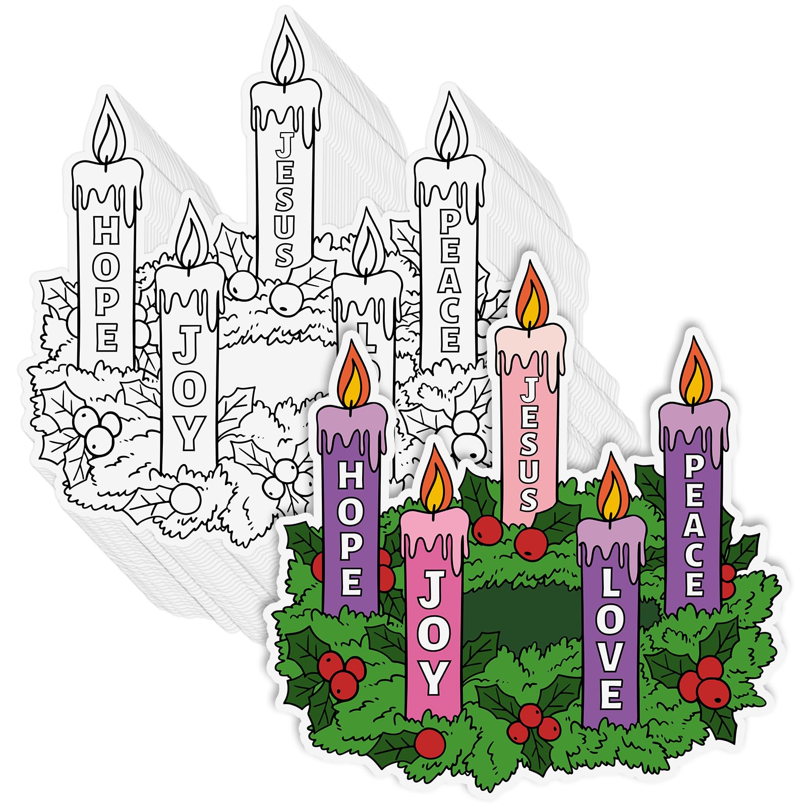 60 Pcs Color Your Own Advent Wreath Crafts DIY Advent Candle Scene with Joy Nativity Christ Art Decor Peace Hope Crafts Religious Christian for Christmas Sunday School Activity(Classic)