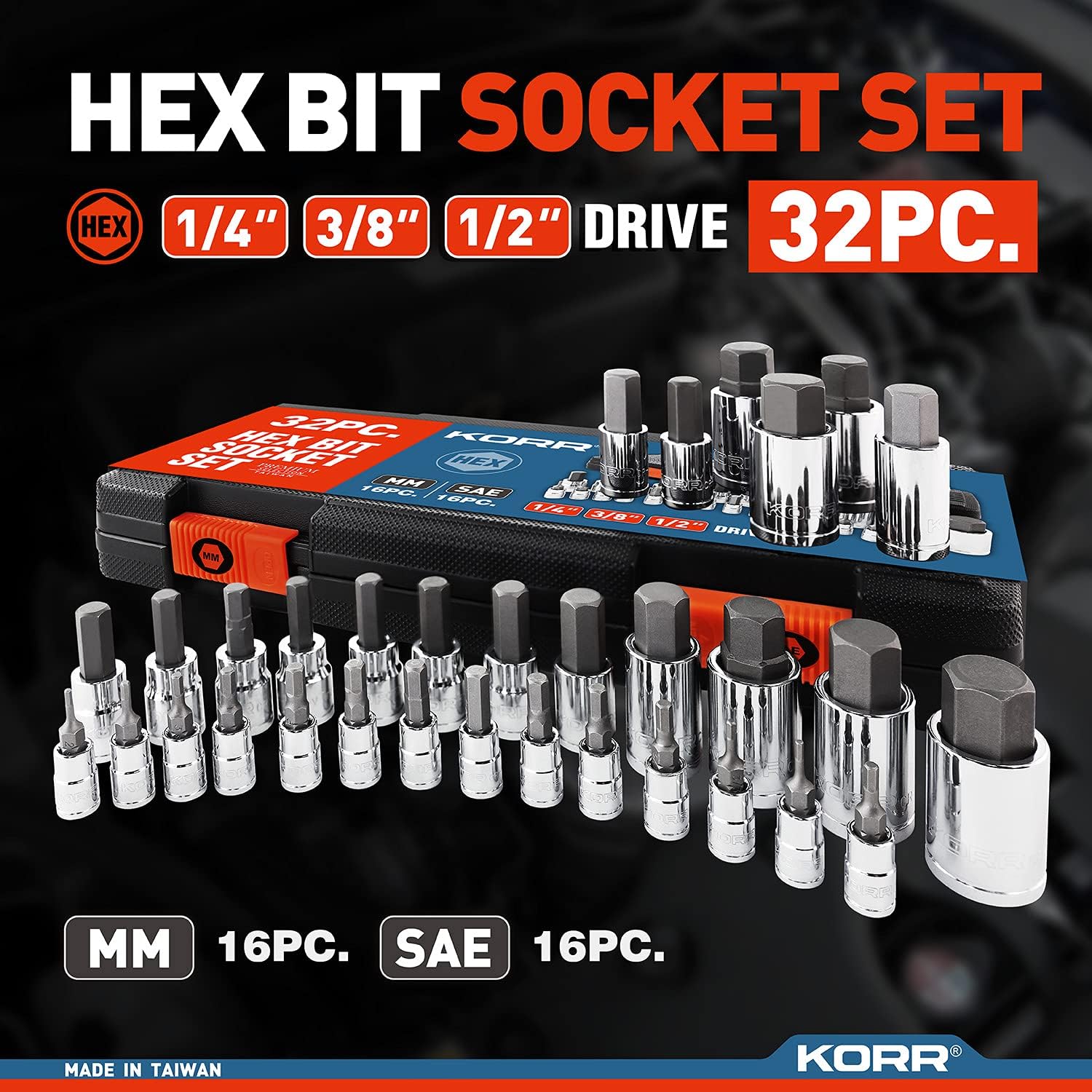 KORR Tools KSS005 32pc Master Hex Bit Socket Set | SAE and Metric Set | 1/4-Inch, 3/8-Inch & 1/2-Inch drive