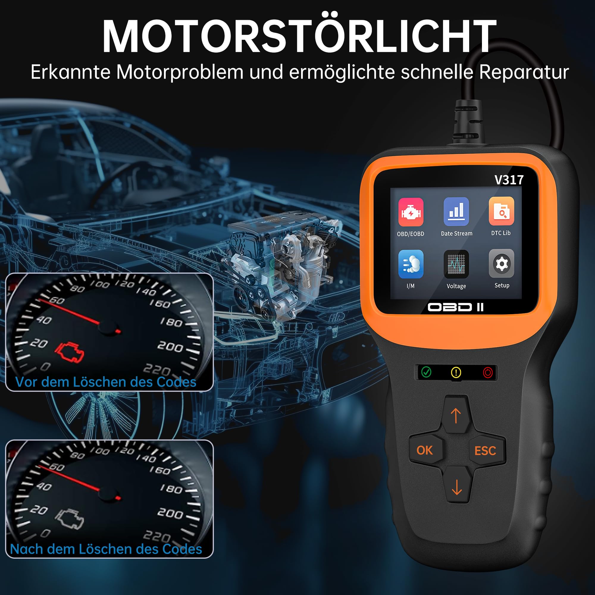 V317 Narzędzie diagnostyczne OBD2, samochodowy czytnik kodów OBD2, czytnik kodów błędów, narzędzie diagnostyczne OBDII/EOBD do wszystkich samochodów z protokołem OBDII (kolorowy ekran LCD)
