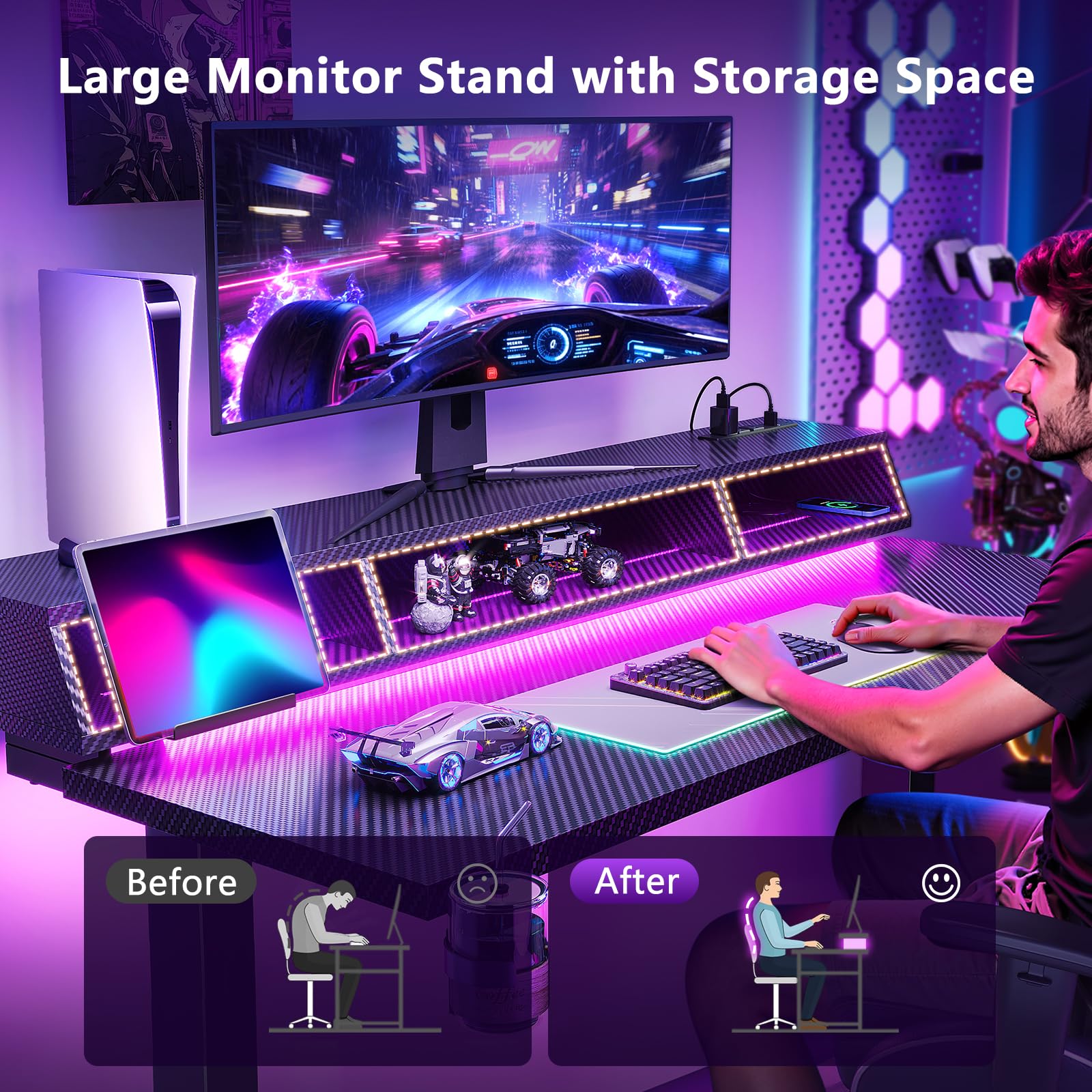 OffiGo Gaming Standing Desk with LED Light 55 Inch Electric Height Adjustable Table with Power Outlet Monitor Stand — view 4