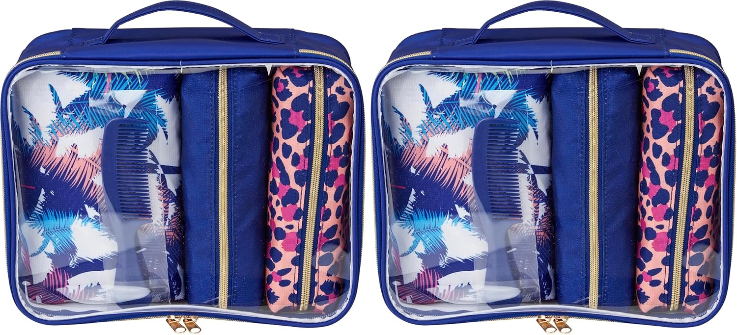 Conair 5 Piece Toiletry and Cosmetic Bag Set Under $30, Includes 4 Makeup Bags and 1 Travel Comb in Blue Palm Prints (Pack of 2)
