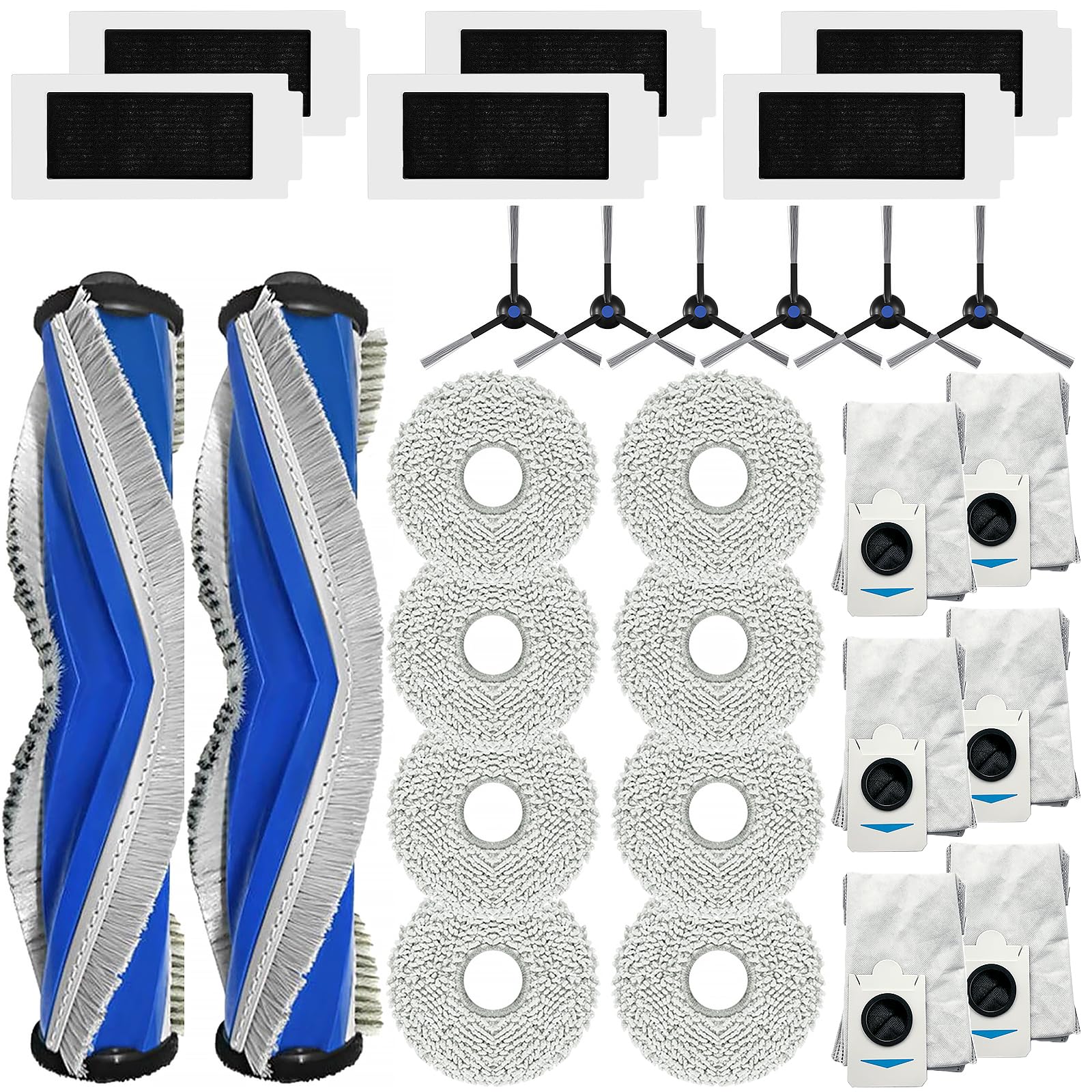 PhoebCynthi Replacement Accessories Parts Compatible with ECOVACS DEEBOT T30S Combo Robot Vacuum Cleaner.?2 Main Brush,6 Side Brushes,6 Hepa Filters,8 Mop Pads,6 dust Bags?