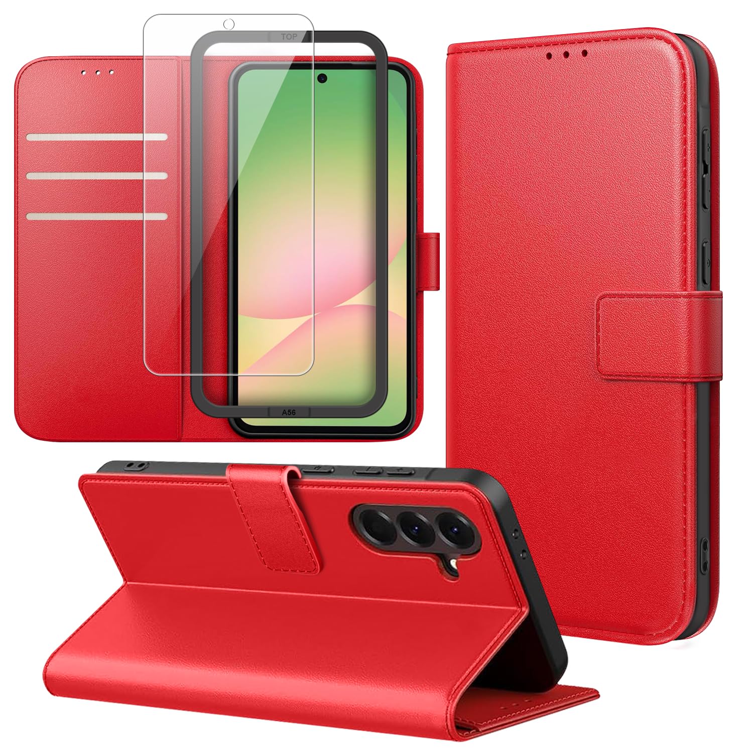 Cover Compatibile con Samsung Galaxy A56 5G, con 1 Pezzo Vetro Temperato Pellicola Protettiva e 1 Pezzo Strumento di Installazione Semplice, Premium Pelle PU Libro Flip Custodia - Rosso