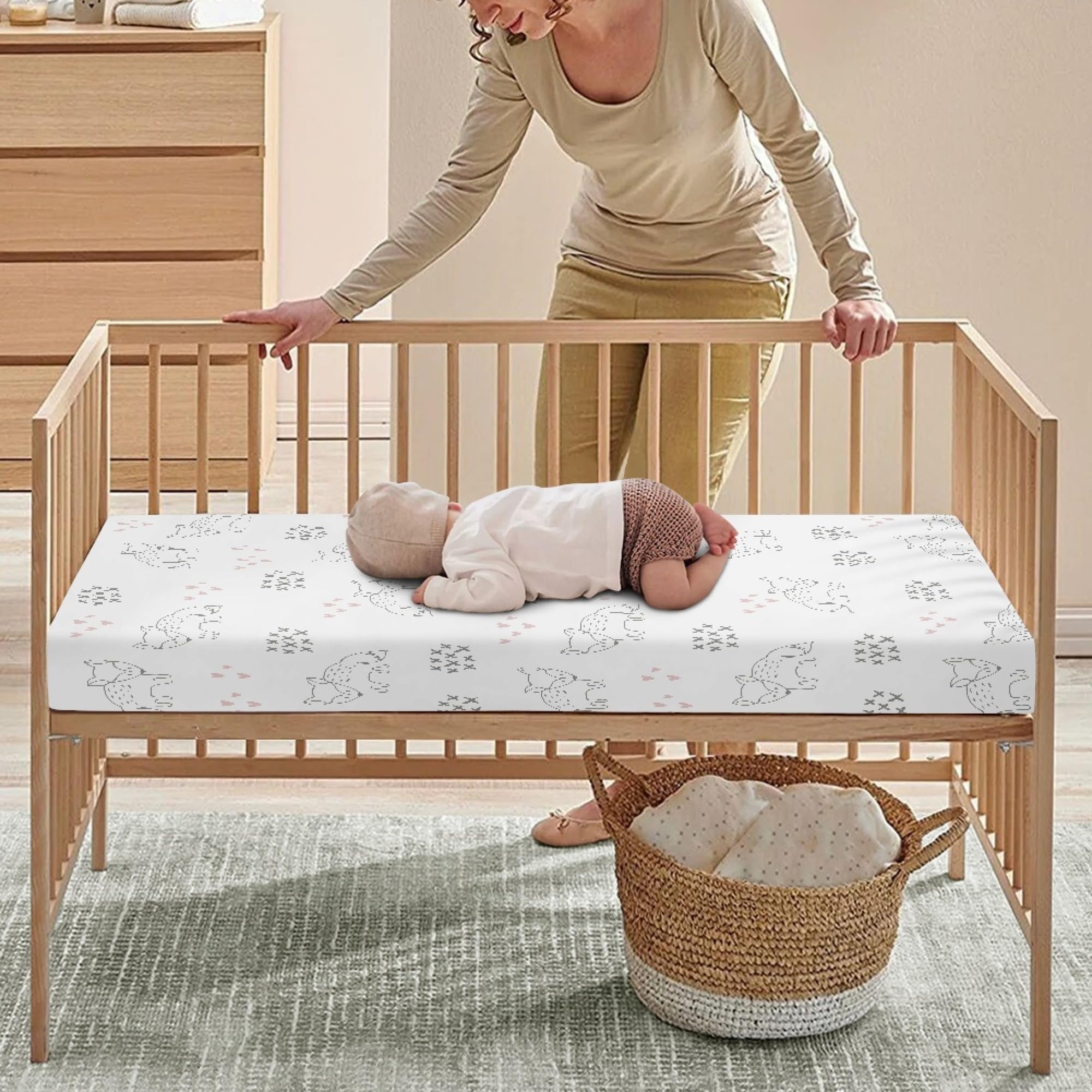 Winpema Little Fox and Heart - Lenzuolo con angoli per culla e lettino per bambini, adatto per culla standard e materasso per bambini, per ragazzi e ragazze, 71 x 132 cm