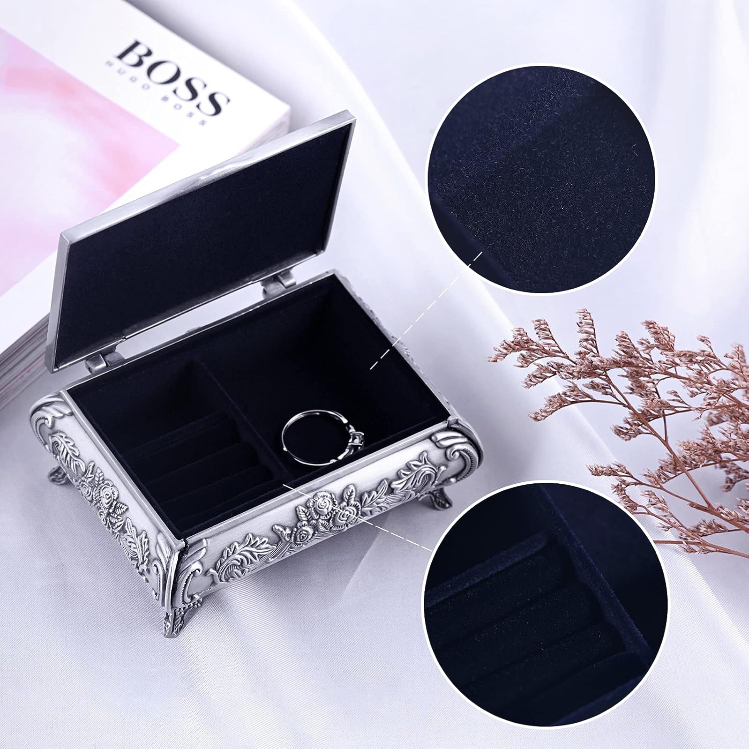 INFINIONLY Jewelry Box for Women Tin Alloy Jewelry Box, Vintage Metal Carved Roses Jewelry Box, Four-Legged Jewelry Box - Image 4