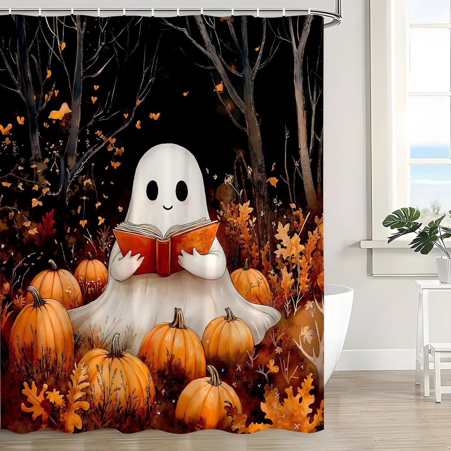 Fall Pumpkin Shower Curtain Cute Ghost Autumn Forest Maple Leaf Thanksgiving Harvest Funny Nature Halloween Decor Bathroom Curtain Set with Hook