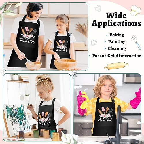 Miniatura 6 de R HORSE Juego de delantales a juego para adultos y niños, 3 piezas, delantal de cocina ajustable para padres e hijos, 2 bolsillos, 1 juego de