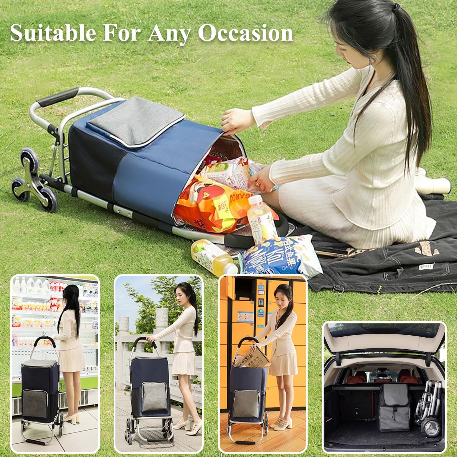 3in1 Einkaufstrolley Treppensteiger, Trolley groß 45 Liter, Einkaufswagen mit Kühlfach, Einkaufstasche mit Rollen, Klappbar, Tasche Abnehmbar, Einkaufsroller, Handwagen (Blue)