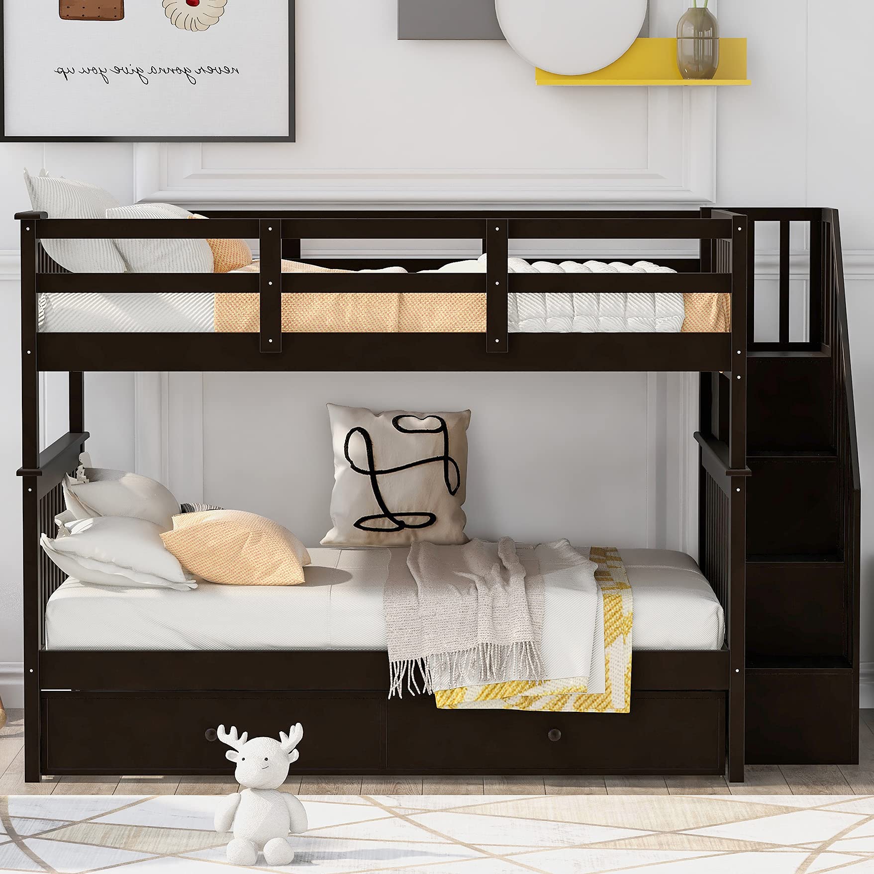 Amazon.com: Full Over Full Bunk Beds with Twin Size Trundle and Stairway :  Home & Kitchen