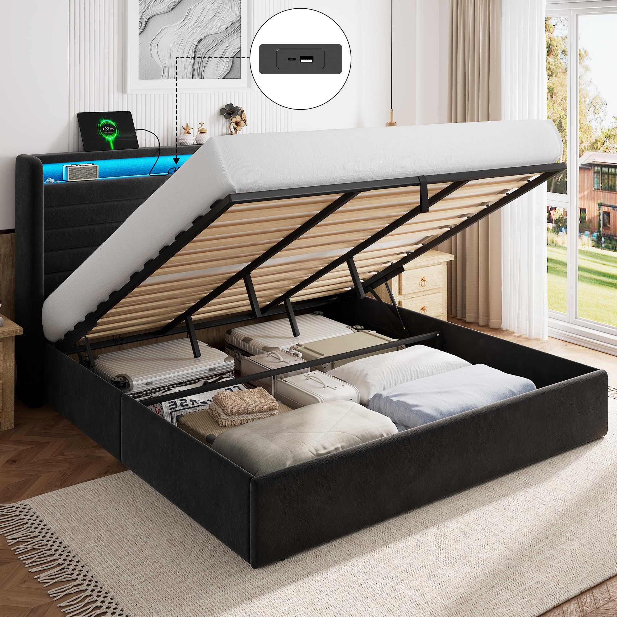 FEONASE Bett 180x200 mit Stauraum, Polsterbett 180x200 cm mit LED-Beleuchtung & Ladestation, Bettgestell mit Hydraulischem und Leinen Kopfteil Stauraum, Lattenrost, Ohne Matratze, Velous Dunkelgrau