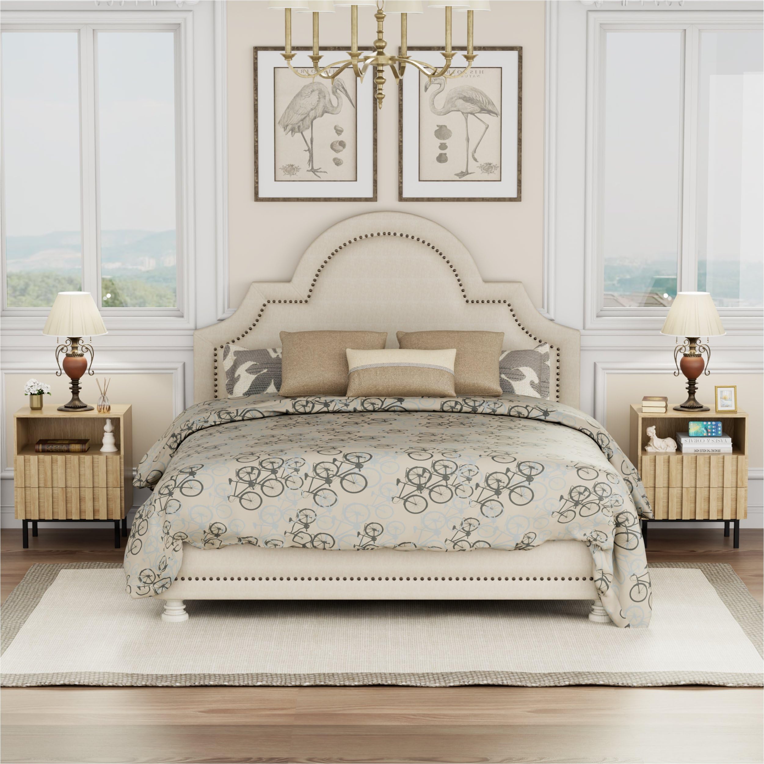 UEV Set mit 3 Schlafzimmermöbeln, 1 Kommode mit 9 Schubladen, 2 Nachttische, großer Stauraum, geräumige Decke, für Wohnzimmer, Schlafzimmer, Holzmuster, Metallbeine, Natur
