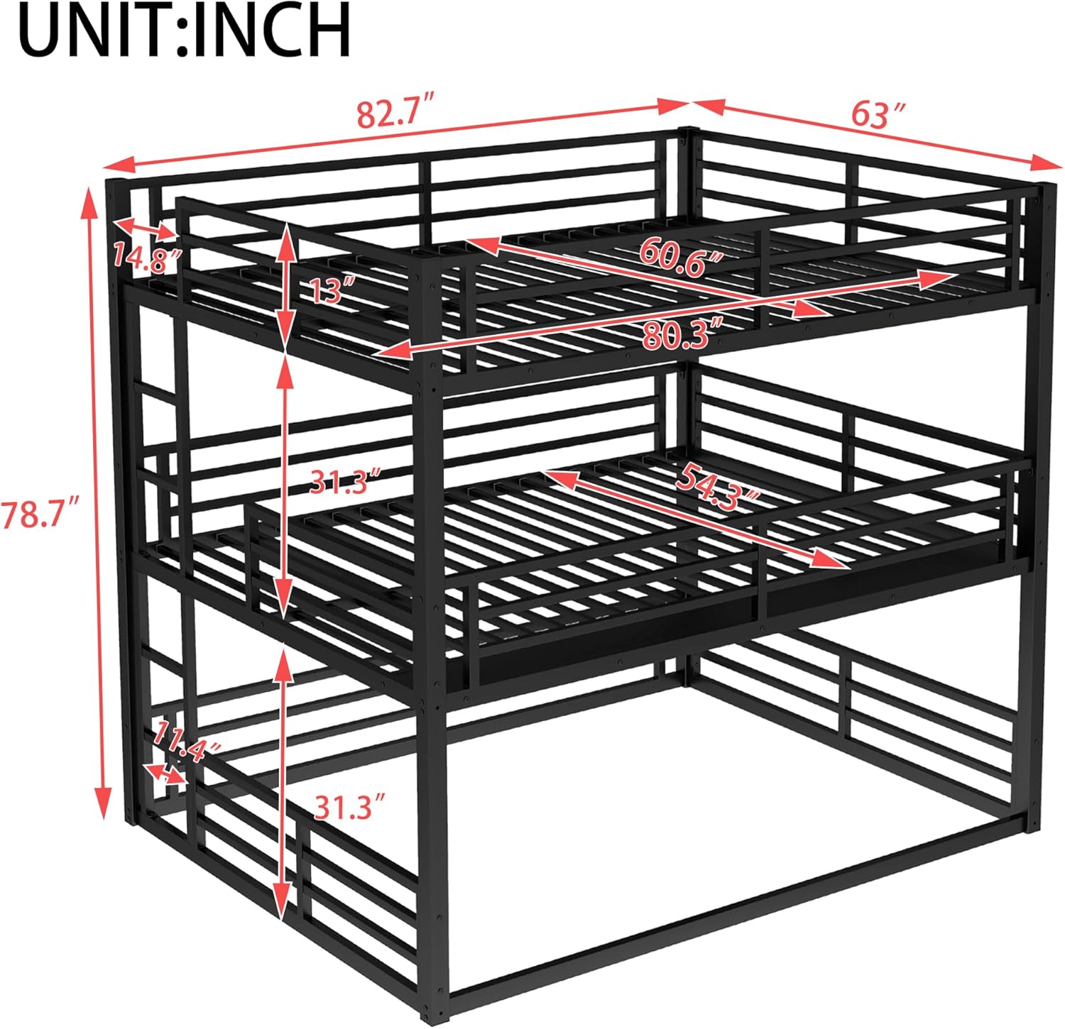 Triple Bunk Bed Heavy Duty, Queen-Size Metal Bunkbeds with Ladder, Family-Friendly for All Ages, Bedroom, No Box Spring Needed, Easy Assembly