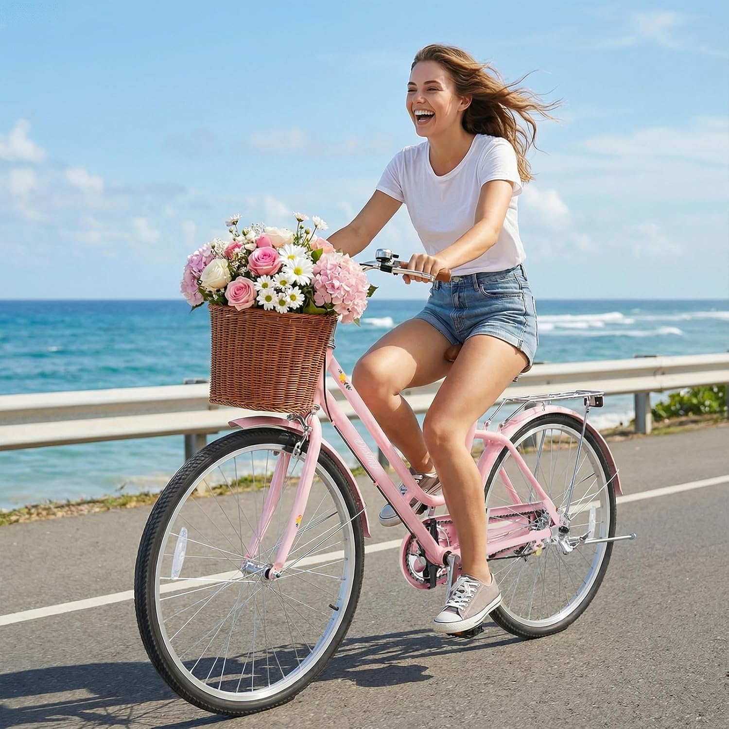 GYMAX Beach Cruiser Bike for Adults, 24/26 Inch Commuter Bicycle for Women with Rattan Basket, Ergonomic Low Step-Through Frame, Rear Rack & Adjustable Seat, City Bike Cruiser Bicycle