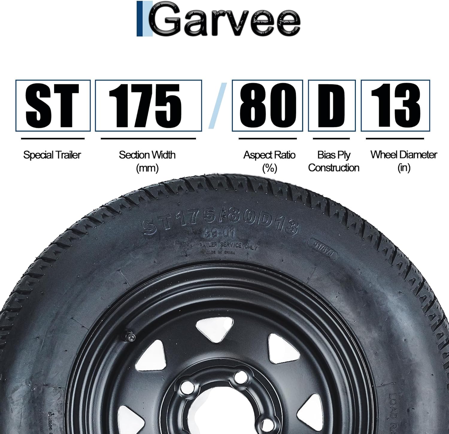 Garvee 2-Pack ST175/80D13 Trailer Tires with Rims, 5 Lug on 4.5" Bolt Pattern, 6PR Load Range C, Black 13" Spoke Wheel, Heavy Duty 175 80 13 Trailer Tires Rims for Utility, Boat, Camper, Cargo Trailer