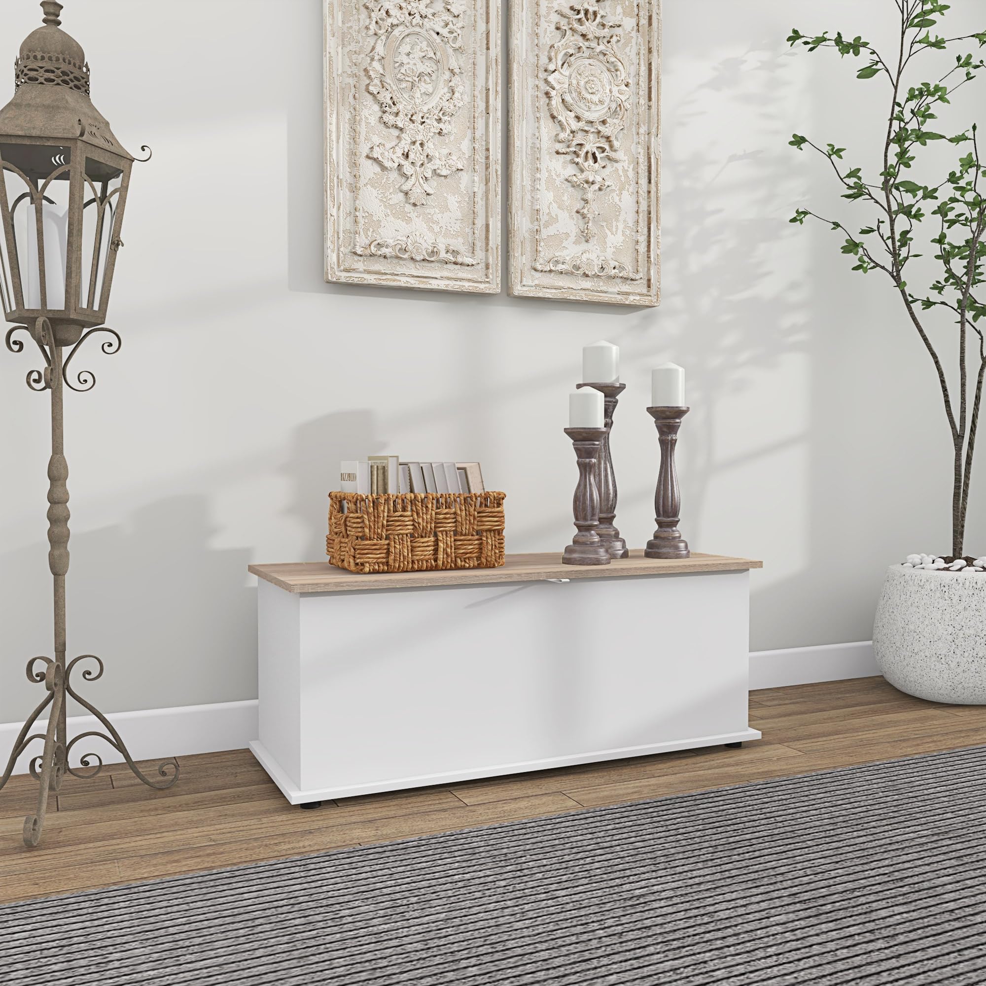 HOMCOM Baúl de Almacenaje, Banco de Almacenaje con Bisagra de Seguridad, Estilo Moderno, para Pasillo, Dormitorio, Salón, 100x40x40 cm, Roble y Blanco