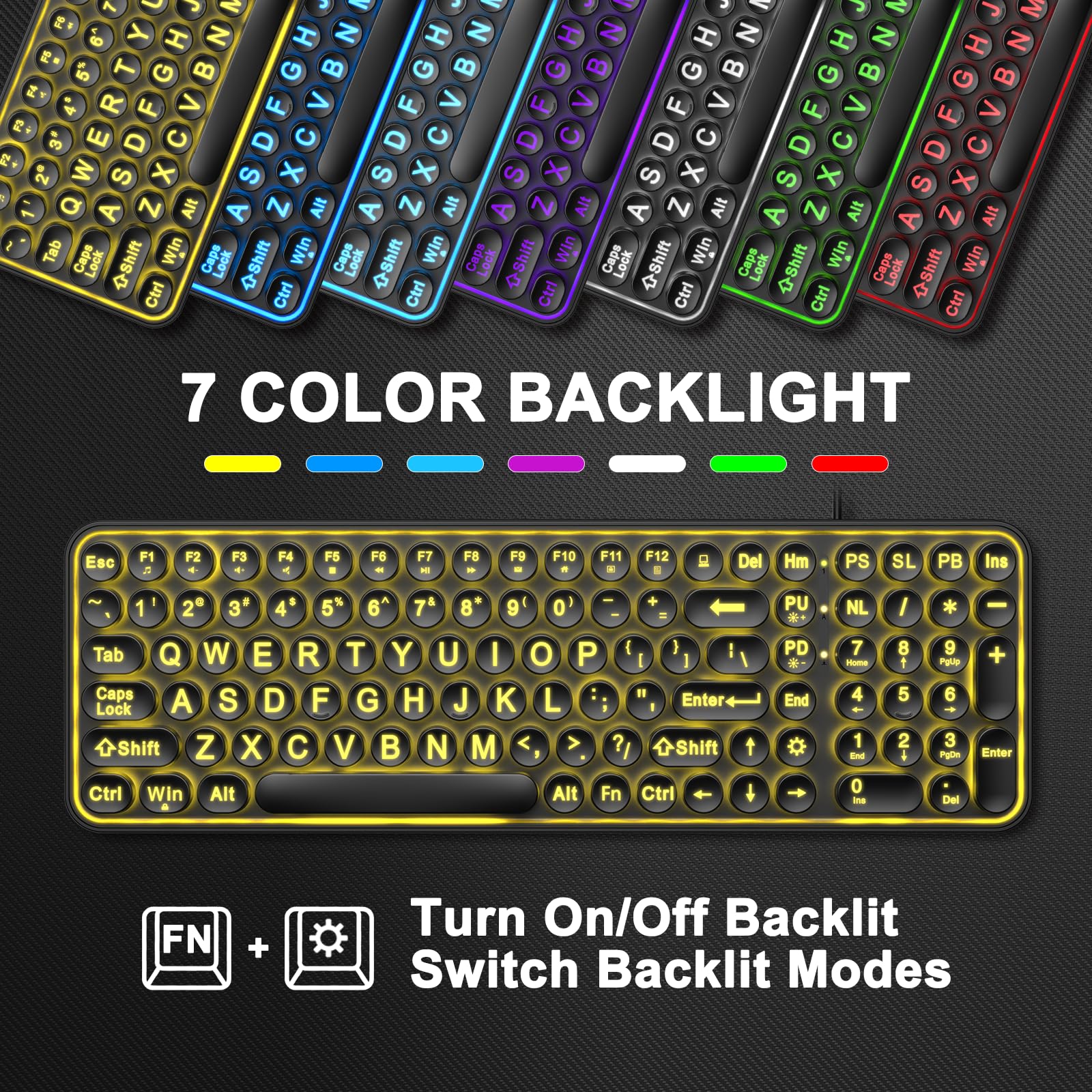 EDJO EDJO Large Print Backlit Keyboard,USB Wired Lighted Computer Keyboard with 7-Color Backlit,Oversized Letters,Typewriter Keyboard with Retro Round Key Easy to See for Windows,Desktop,PC,Laptop in use