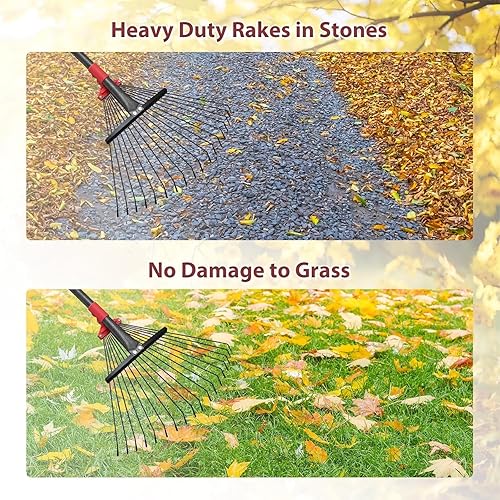 Miniatura 8 de Rastrillo de 61 pulgadas para hojas, 18 dientes ajustables con cabeza expandible, rastrillo de césped de 9 a 18 pulgadas, rastrillos de metal
