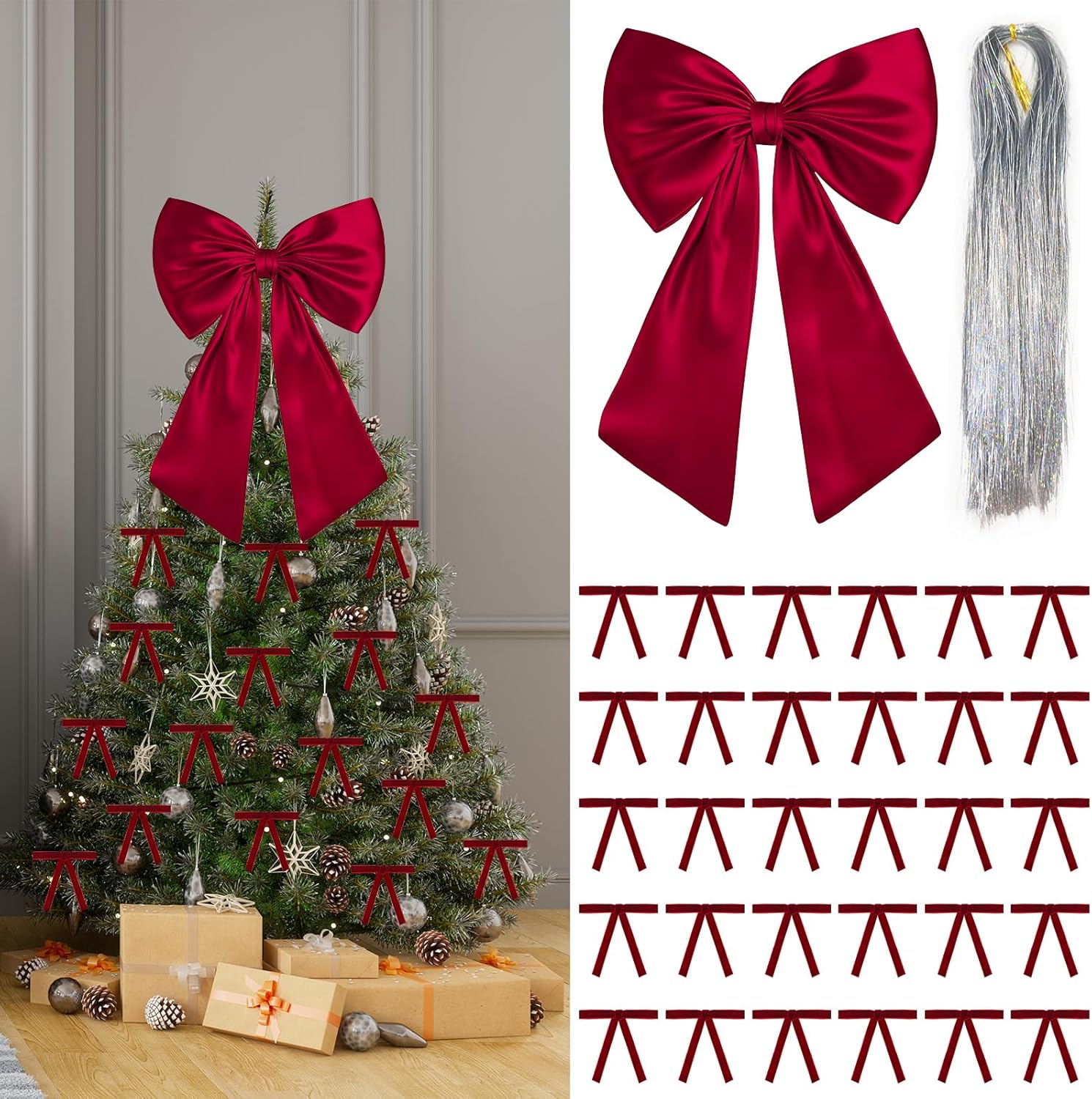 17x23 Large Pink Bow for Christmas Tree Topper Christmas Tree Decoration Set: 24 Small Velvet Bows, 1 Pcs Big Tree Topper Bow, 3000 Strands of Tinsel Icicles for Holiday Decor (Red)