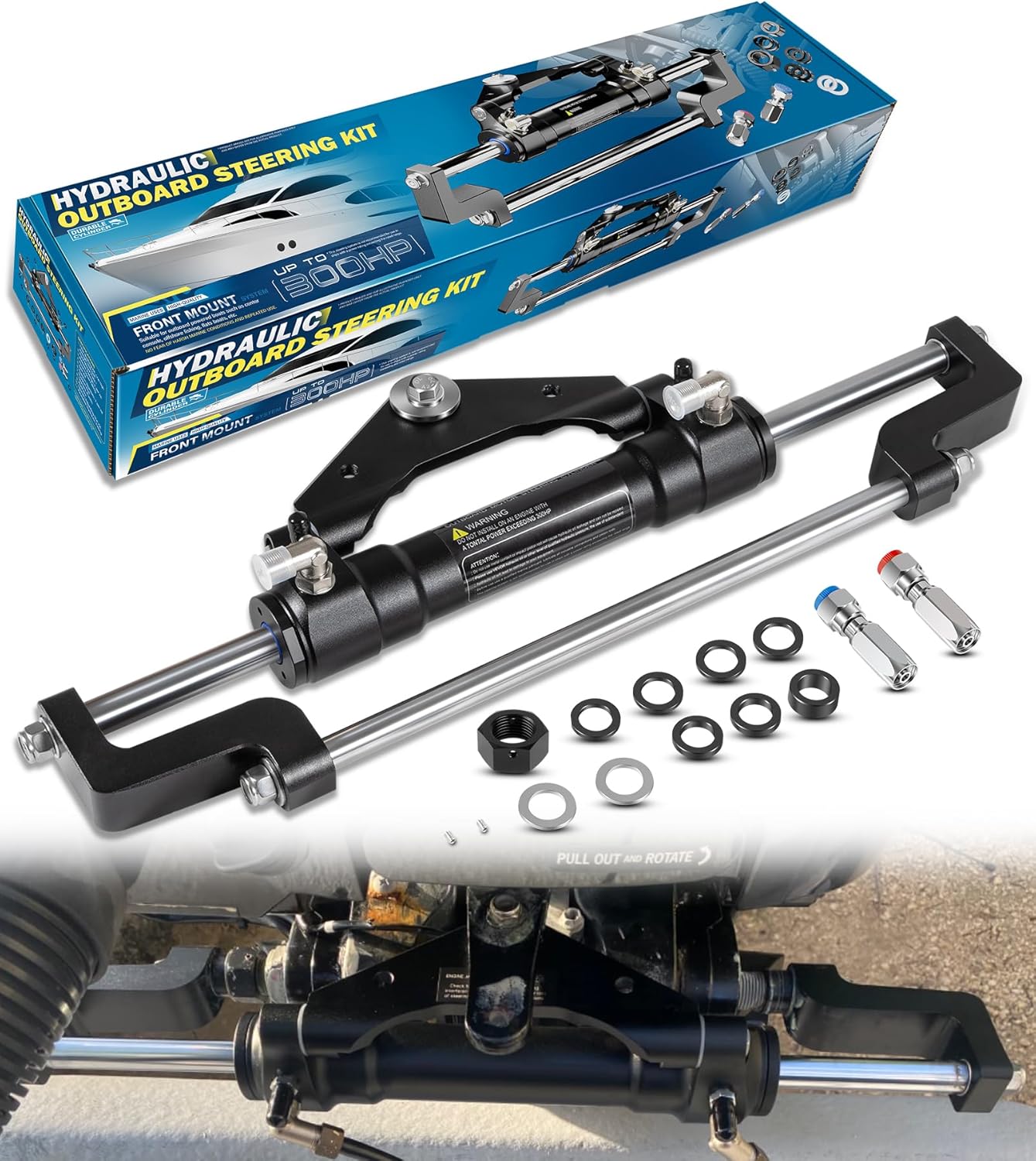 HC5345-3 Front Mount Outboard Hydraulic Steering Cylinder Kit with Two-Way Lock Valve and ORB Fittings Fits for any 300HP Outboard-Powered Boats, Max Working Pressure 10.3Mpa/1500PSI