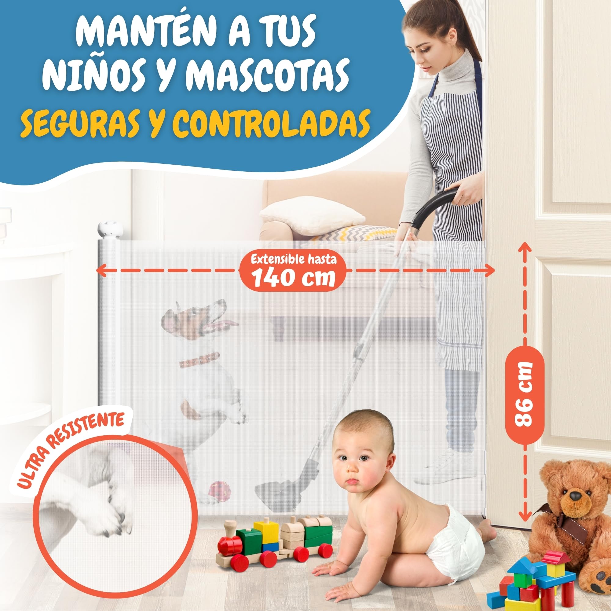 PARVULÍ Barrera Seguridad Niños Escalera Retráctil 0 a 140 cm + 2 Protectores de Puerta - Valla Seguridad Infantil - Barrera Perros Puerta - Puerta Escalera Bebe Seguridad - Interiores y Exteriores
