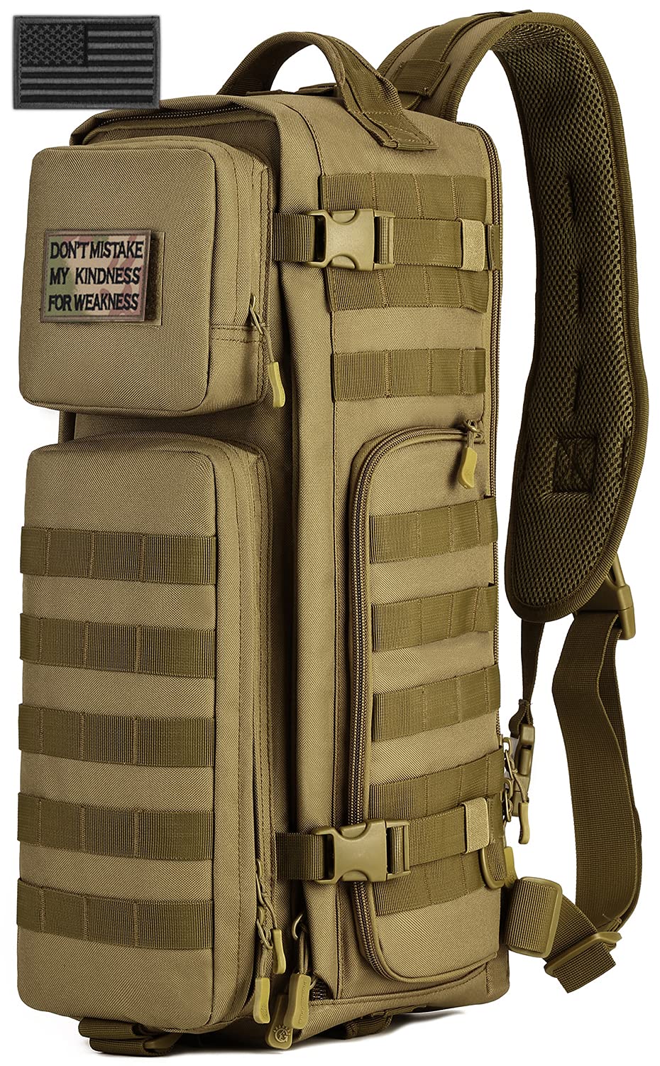 SunForMorning Tactical Sling Bag Military MOLLE Crossbody Pack Motorcycle Bicycle Assault Range Chest Shoulder Backpack EDC Diaper Satchel Outdoor Daypack (2 Patch Included), Brown