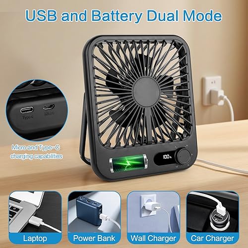 Miniatura 4 de Ventilador de escritorio ultra silencioso de 100 velocidades para dormir, ventilador portátil recargable de 6.8 pulgadas con pantalla LED, cabezal