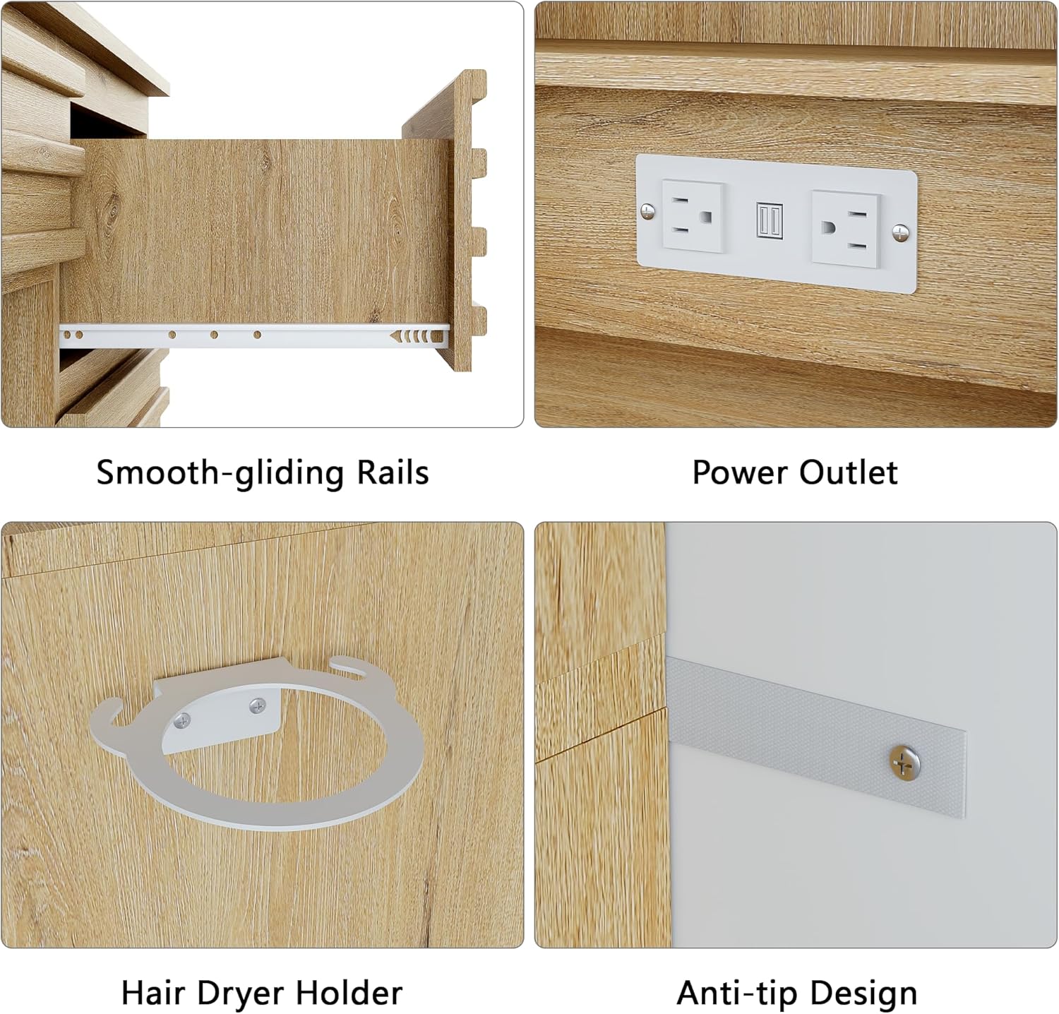 Fluted Vanity Desk with HD Mirror and Lights, Wood Makeup Vanity Table with 4 Drawers & Open Shelves, Mid Century Dressing Table Set with Charging Station, 3 Color Lighting Modes for Bedroom, Oak