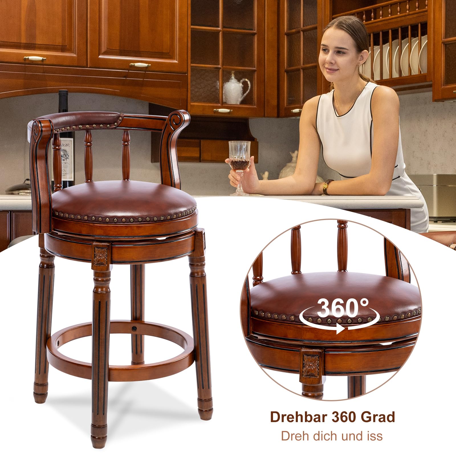 Barhocker aus Leder mit Rindsleder, Sitzhöhe 66 cm, Drehstuhl für Zuhause, Küche, Theke, Mordener Stuhl, Esszimmer, Restaurant, Arbeitszimmer und Kneipe, 1 Stück