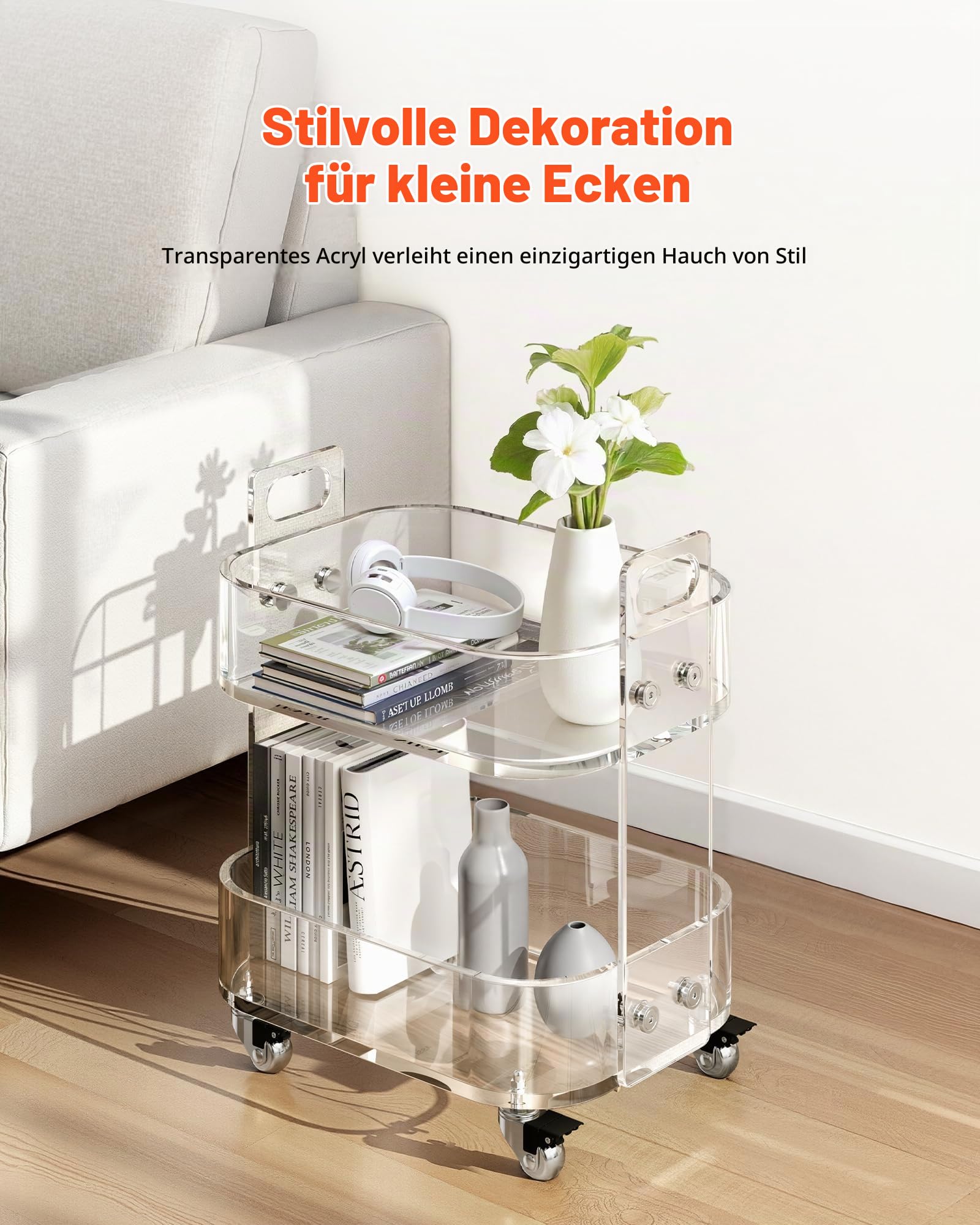 VEVOR Rollwagen Servierwagen 2-stufiger mobiler Beistellwagen, moderner rollender Acrylwagen mit Stauraum, transparenter Nachtwagen als Beistelltisch, für Wohnzimmer Schlafzimmer Bar Büro
