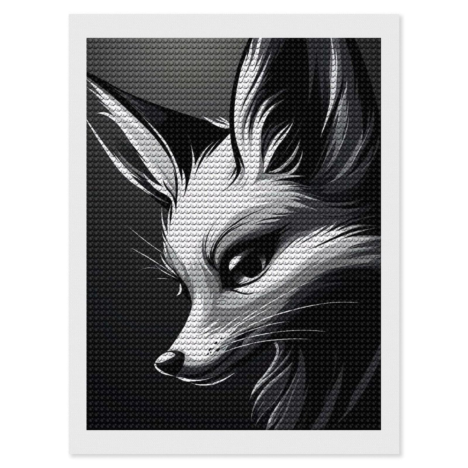 Junmoney Fox Portrait in Black and White Diamond Painting Canvas Set 12"x16", Easy to Enjoy, Adhesive Canvas, Office Decor, Holiday Gift Idea, with Tool Kit