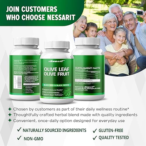 Miniatura 8 de Nessarit Hoja de olivo y fruta de olivo 9,100 mg con 60% de oleuropeína y 60% hidroxitirosol - Más aceite de semilla negra y pimienta negra - 150